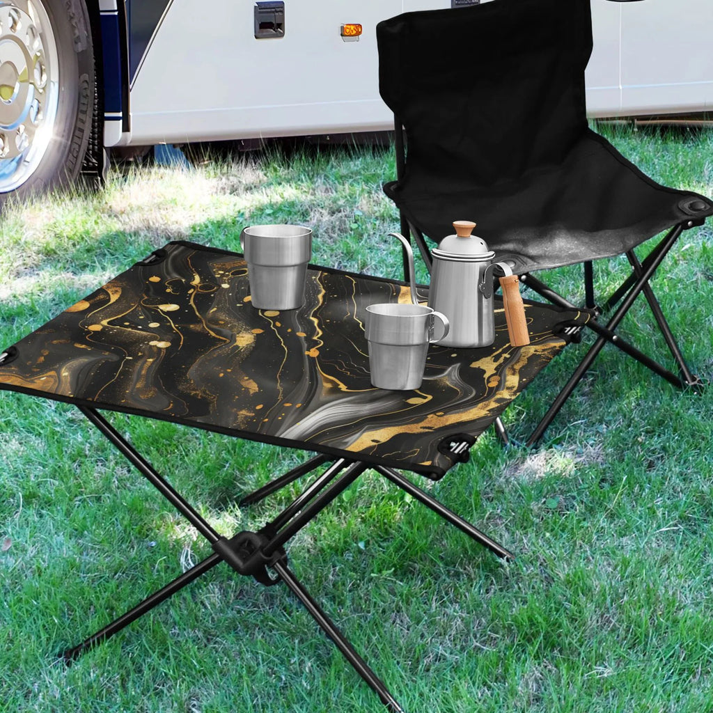 Luxury Black and Gold Marble Camping Folding Table Portable Beach Table with Storage Bag Compact Picnic Table for Outdoor Travel Fishing BBQ