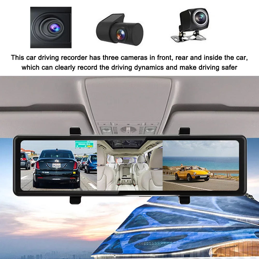 Stylish Pinnaco 3 Cameras Dash Cam 2.5K Clear Car Rearview Mirror BT Car Video Recording Camcorder Touched Screen Car Camera Recorder Auto Driving Recorder for Enhanced Safety