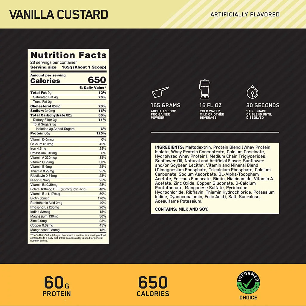 Optimum Nutrition, Gold Standard Pro Gainer, Vanilla Custard, 10.19 lb, 28 Servings - Exclusive Design