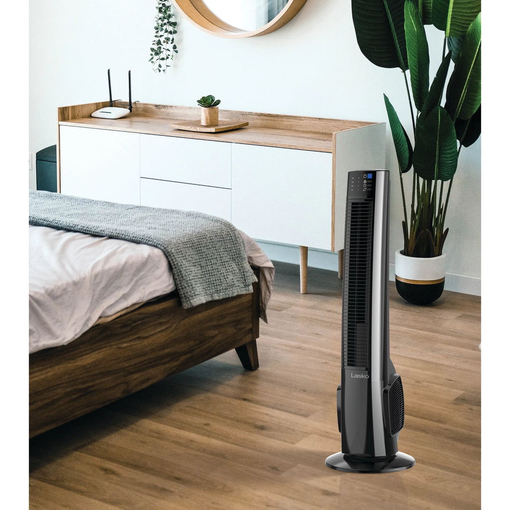 Stylish Lasko 38" 4-Speed Hybrid Tower Fan with Timer, Remote Control, Black/Silver, T38415, New