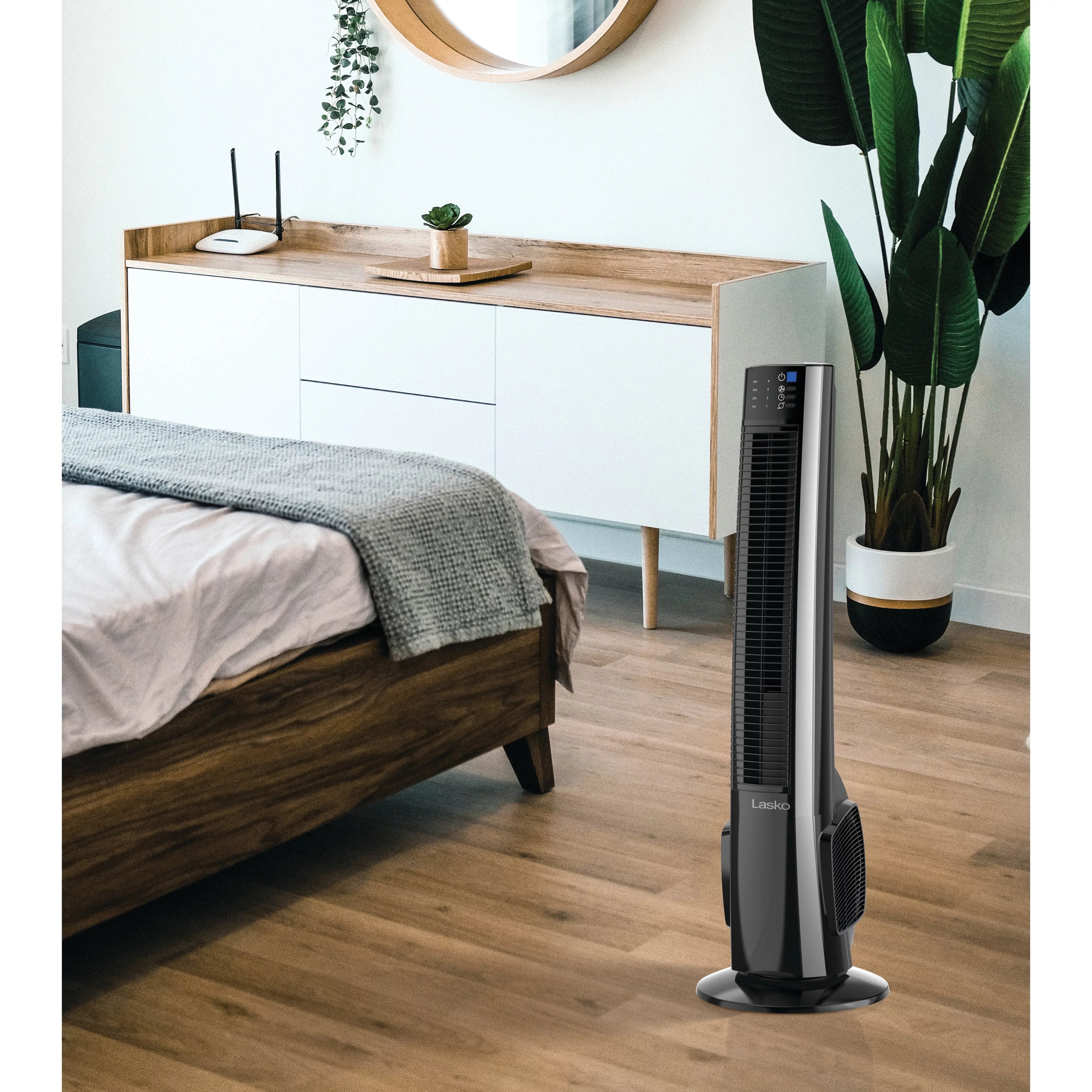 Stylish Lasko 38" 4-Speed Hybrid Tower Fan with Timer, Remote Control, Black/Silver, T38415, New