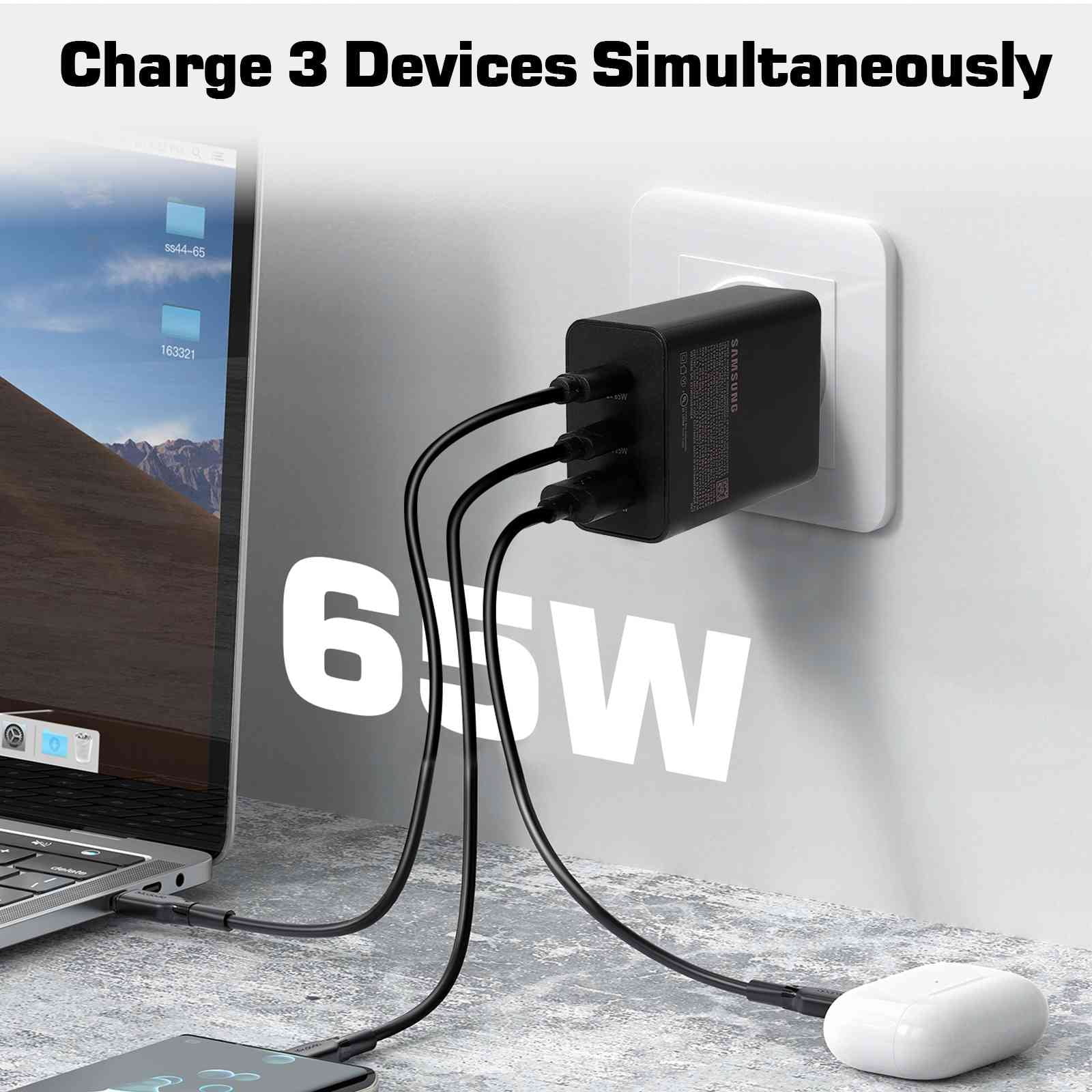 65W Fast Travel Charger with 3 Ports - USB & Dual USB-C High-Speed Charging for ZTE Axon 30 5G/Blade V30/nubia Red Magic 6R/Axon 30 Ultra 5G/Axon 30 Pro 5G iPhone, Samsung Galaxy, Laptops, Phones