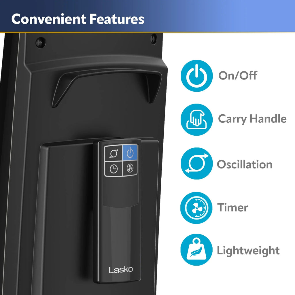 Stylish Lasko 38" 4-Speed Hybrid Tower Fan with Timer, Remote Control, Black/Silver, T38415, New