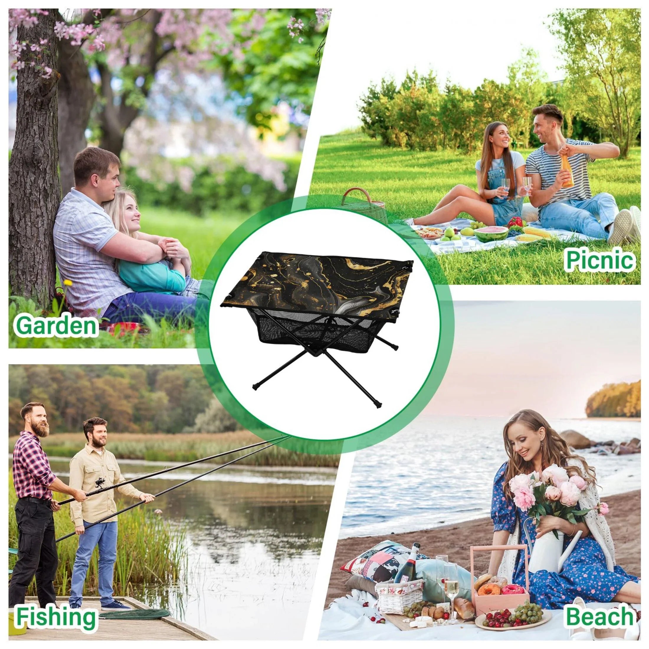 Luxury Black and Gold Marble Camping Folding Table Portable Beach Table with Storage Bag Compact Picnic Table for Outdoor Travel Fishing BBQ