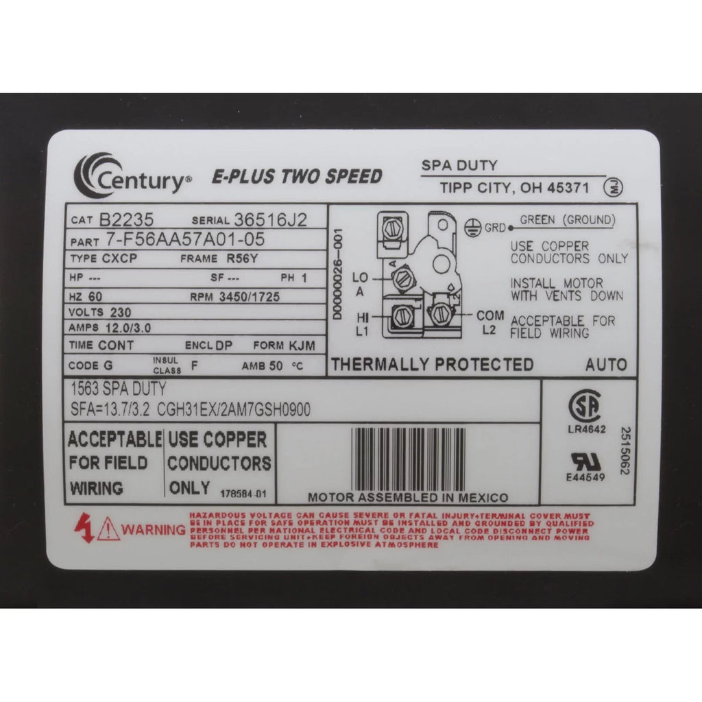 Century A.O. Smith 56Y Thru-Bolt 4.0 or 0.50 Waterway Replacement Pump Motor, 12.0/4.4A 230V B2235 - Exclusive Design