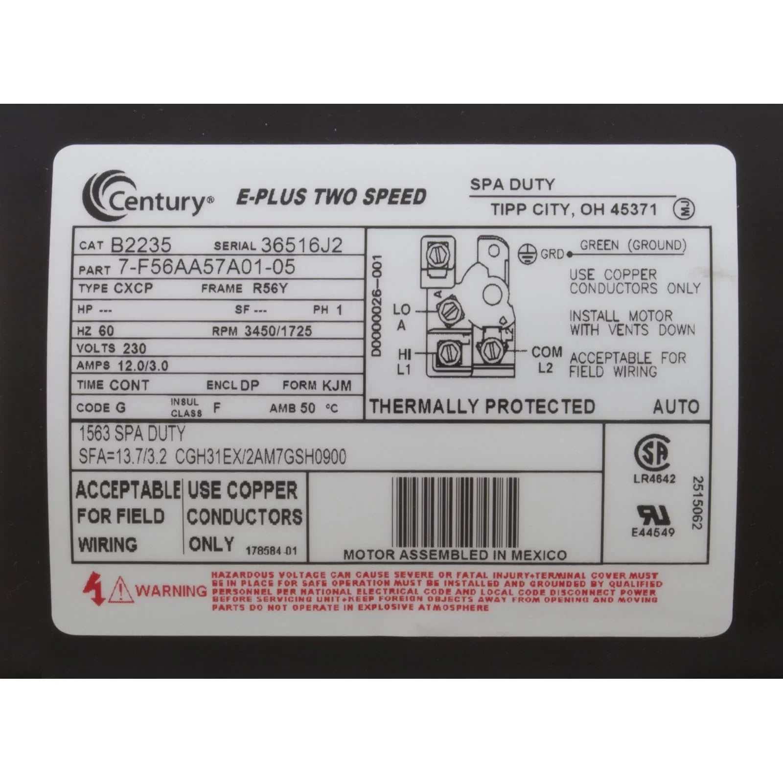 Century A.O. Smith 56Y Thru-Bolt 4.0 or 0.50 Waterway Replacement Pump Motor, 12.0/4.4A 230V B2235 - Exclusive Design