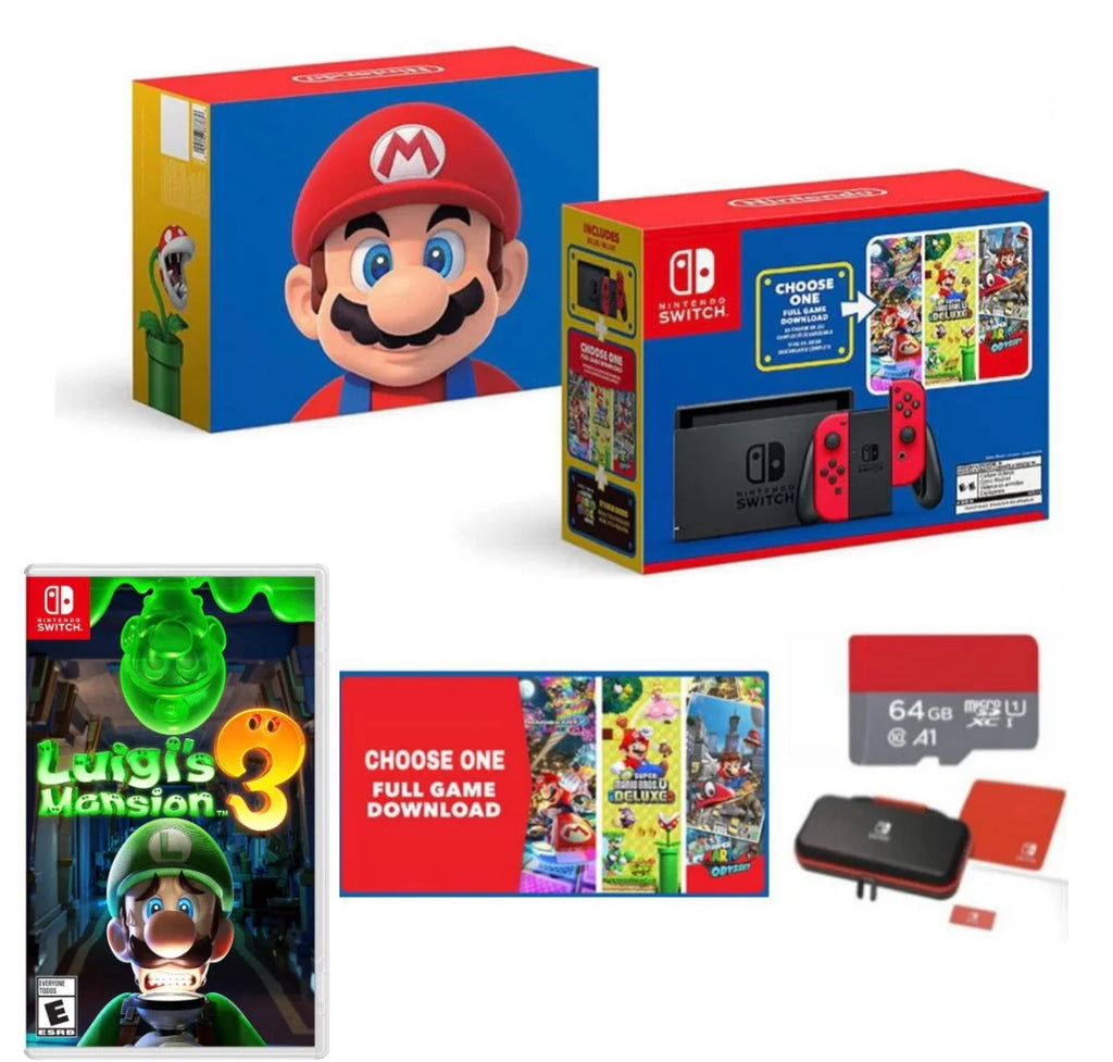 Stylish New Nintendo Switch Mario Bundle with Red Joy-Con - Bundle with Luigi's Mansion 3 & Choose One of Three Download Mario Games - 64GB Micro SD - Switch Carrying Case