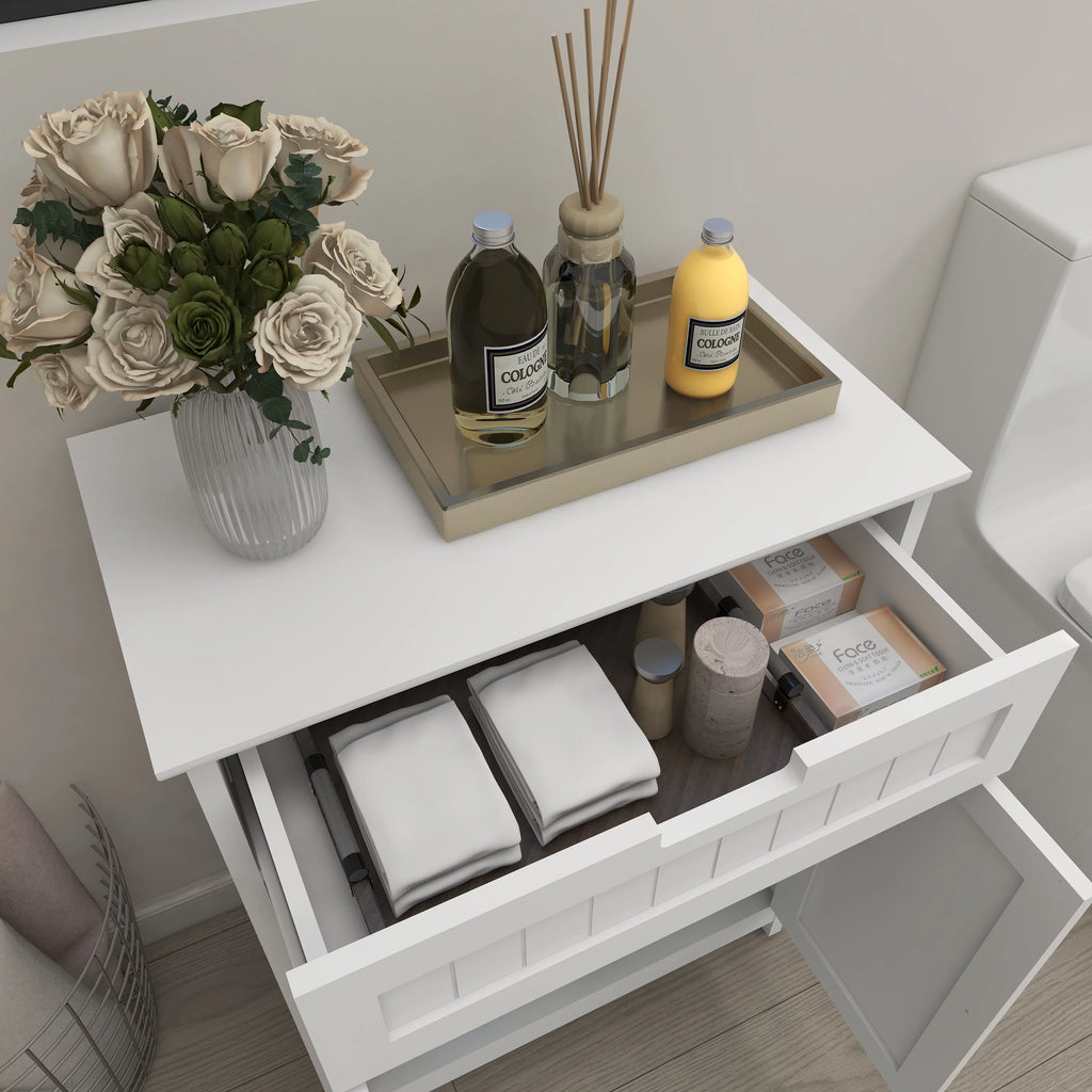 Stylish Versatile Bathroom Floor Cabinet in White Freestanding Wood Storage Organizer 2 Doors, 1 Drawer Adjustable Shelf Elegant Design for Bathroom and Living Room.