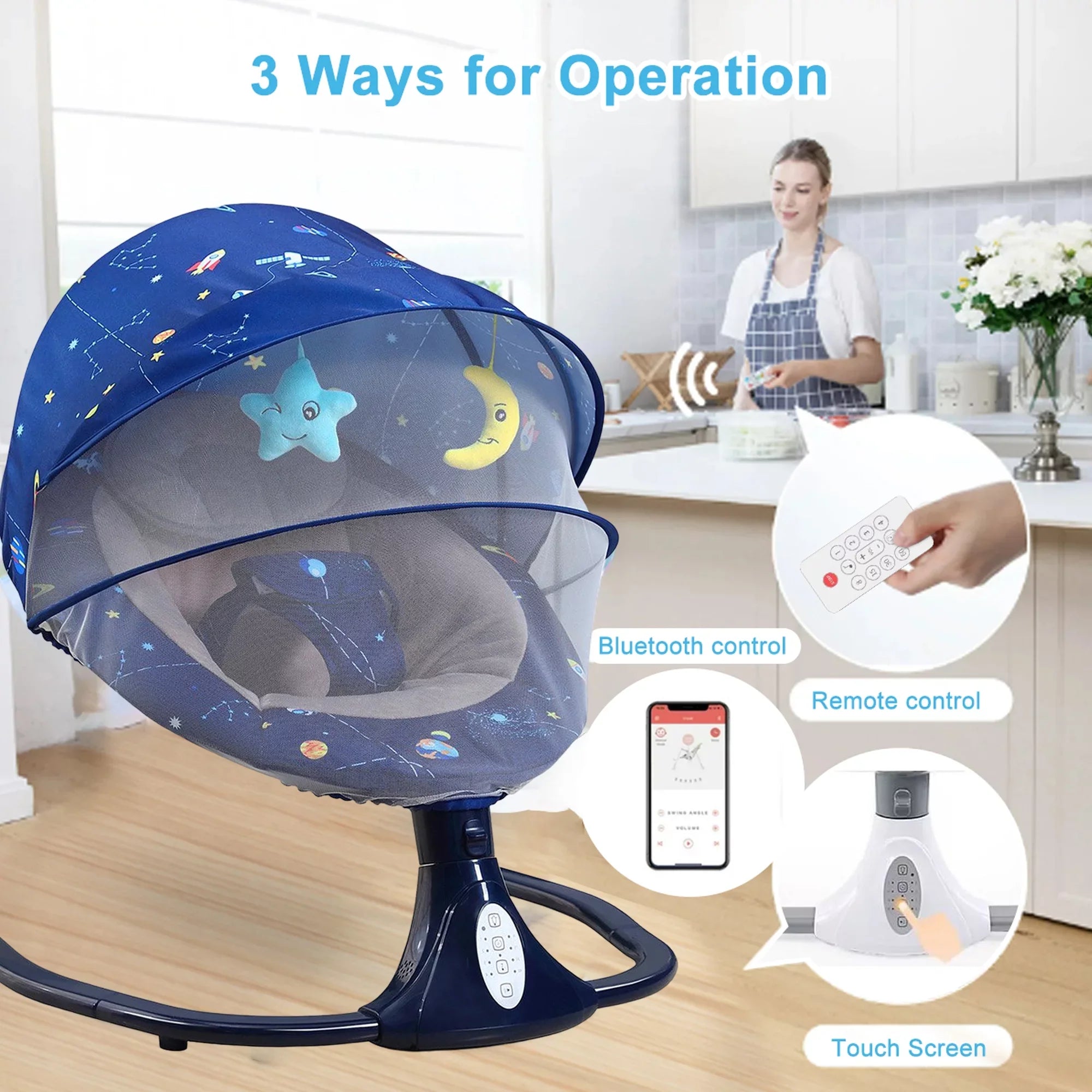 Baby Swings for Infants, Bluetooth Infant Swing with Music Speaker with 3 Seat Positions, 4 Speeds and Remote Control - Portable Baby Swing for Indoor and Outdoor, Blue