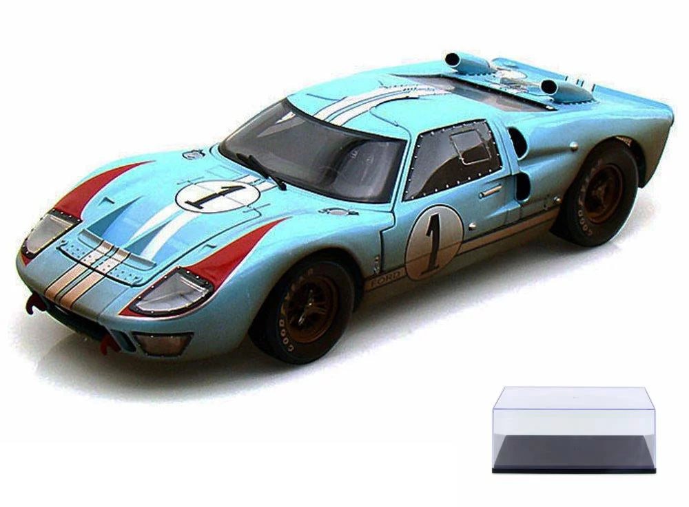 Diecast Car & Display Case Package - 1966 Ford GT-40 MK II #1 w/ Dirt, Gulf Blue - Shelby Collectibles SC405 - 1/18 Scale Diecast Model Toy Car w/Display Case - Exclusive Design