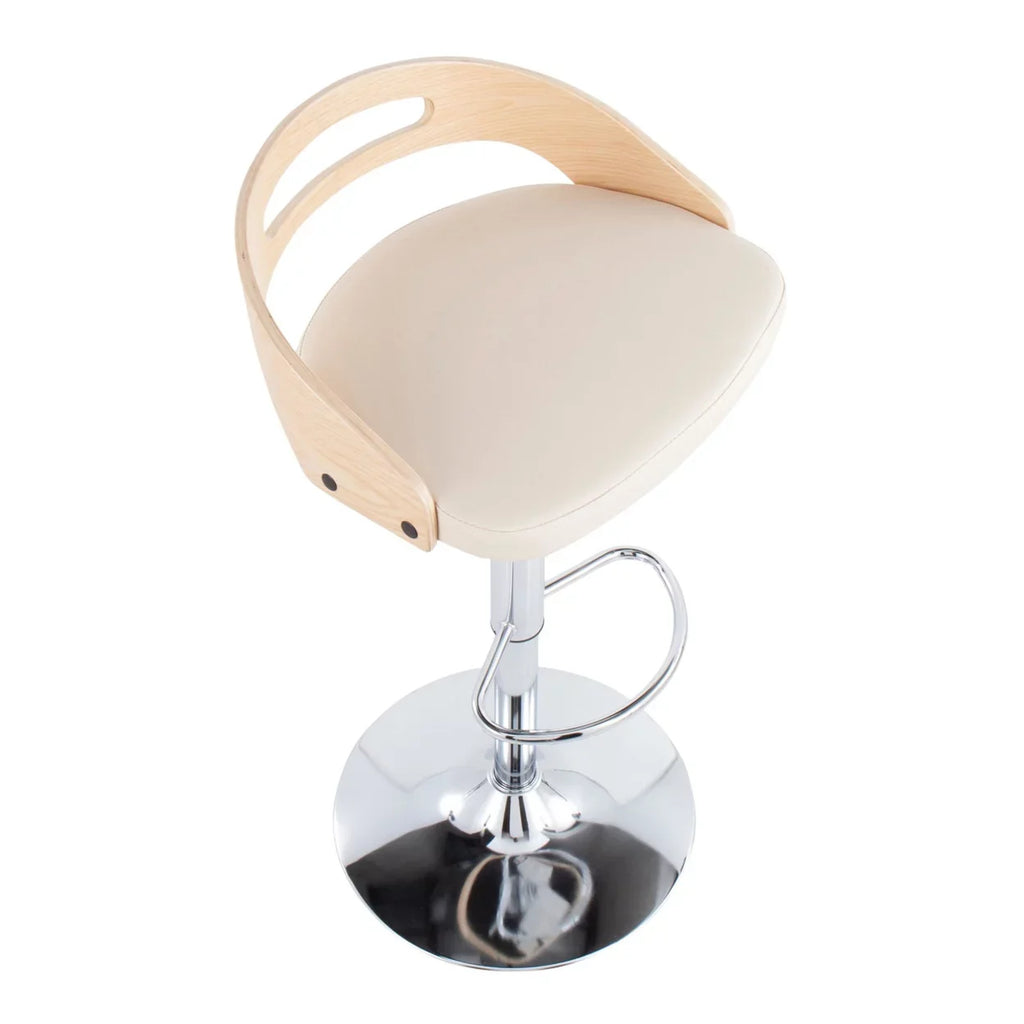 Cassis Mid-Century Modern Adjustable Barstool With Swivel In Natural Wood And Cream Faux Leather