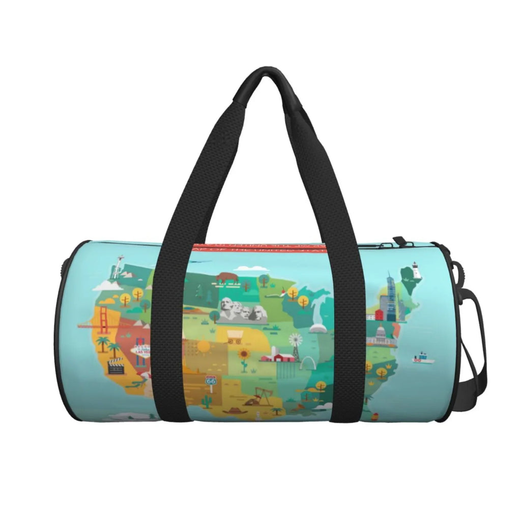Stylish Coaee USA Tourist Map Large Capacity Travel Luggage Bag Cylinder Gym Bag Waterproof Sports Bag with Pocket and Compartment