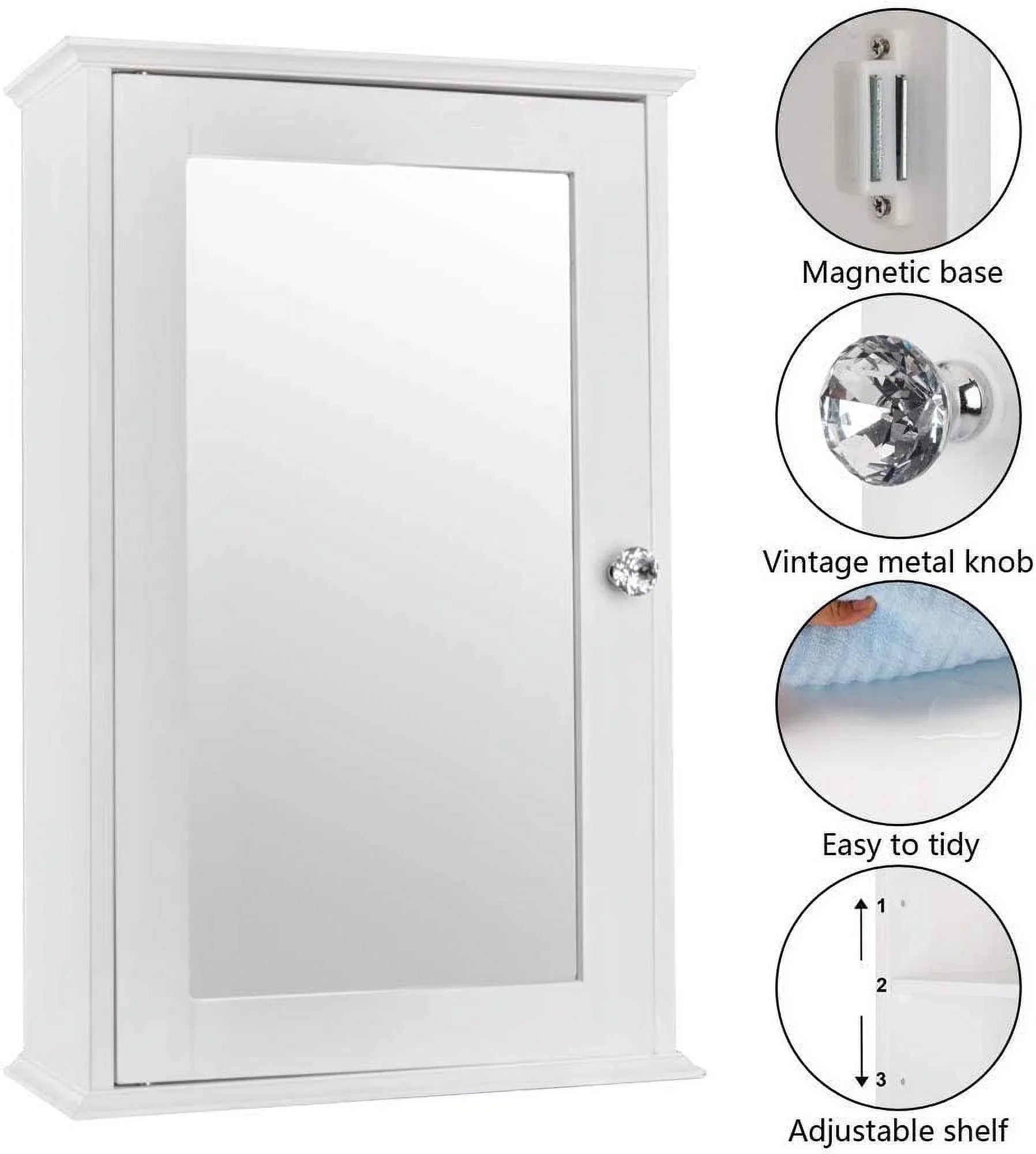 BSL Bathroom Cabinet Wall Mount Mirrored Medicine Cabinet Storage Organizer with Single Door and 2 Adjustable Shelves White