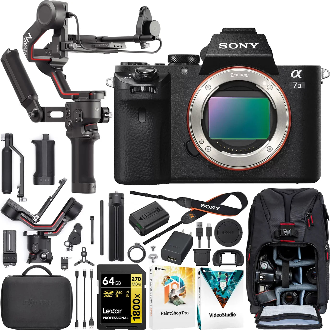 Stylish Sony a7 II Full Frame Mirrorless Camera Body ILCE-7M2/B Filmmaker's Bundle Including DJI RS 3 Combo Gimbal Stabilizer Kit + Deco Gear Photography Backpack + 64GB High Speed Card & Software
