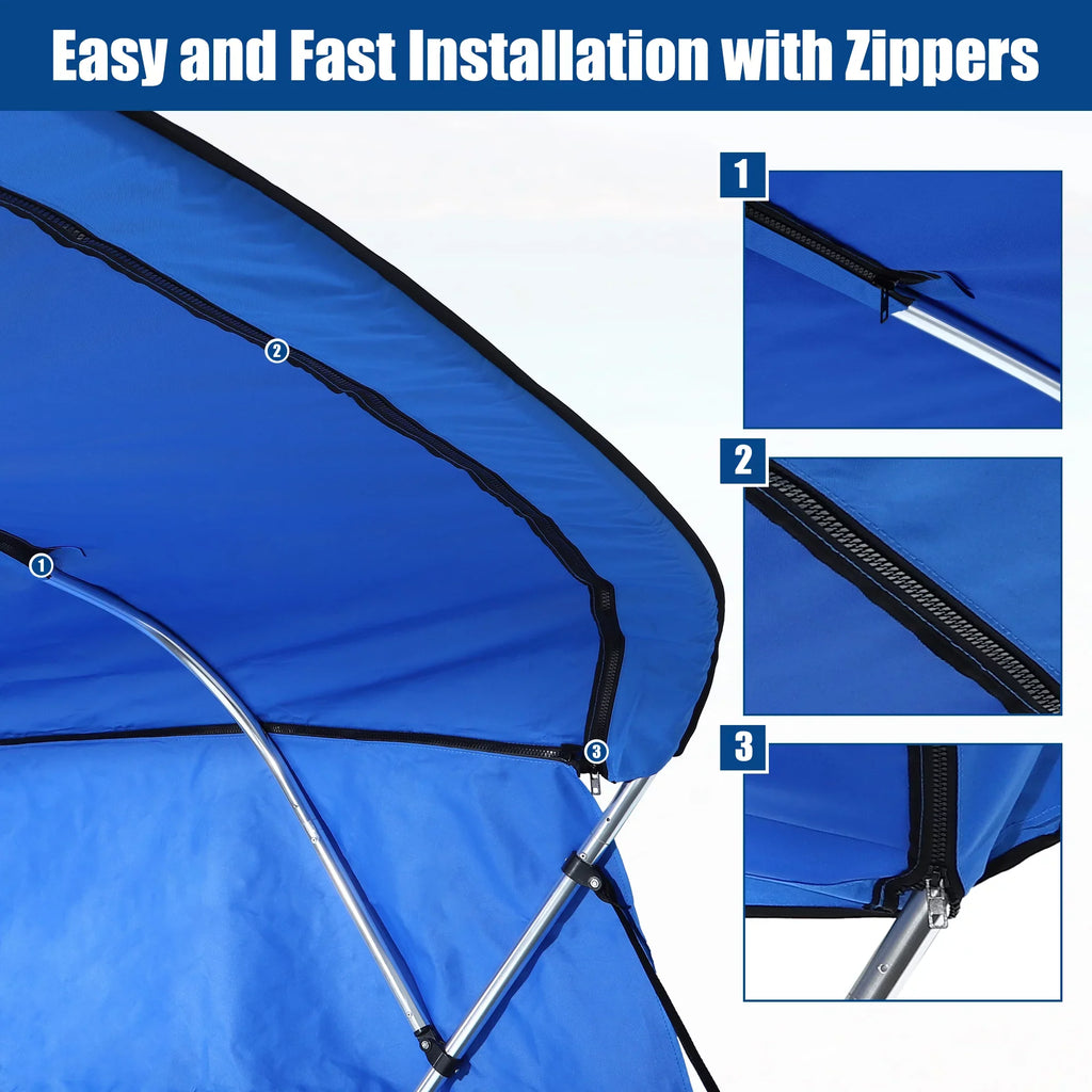 Stylish Unique Bargains 600D 4 Bow 8'L x 54"H x 67"-72"W Bimini Top Canvas Cover with Detachable Side Blocks Storage Boot Blue
