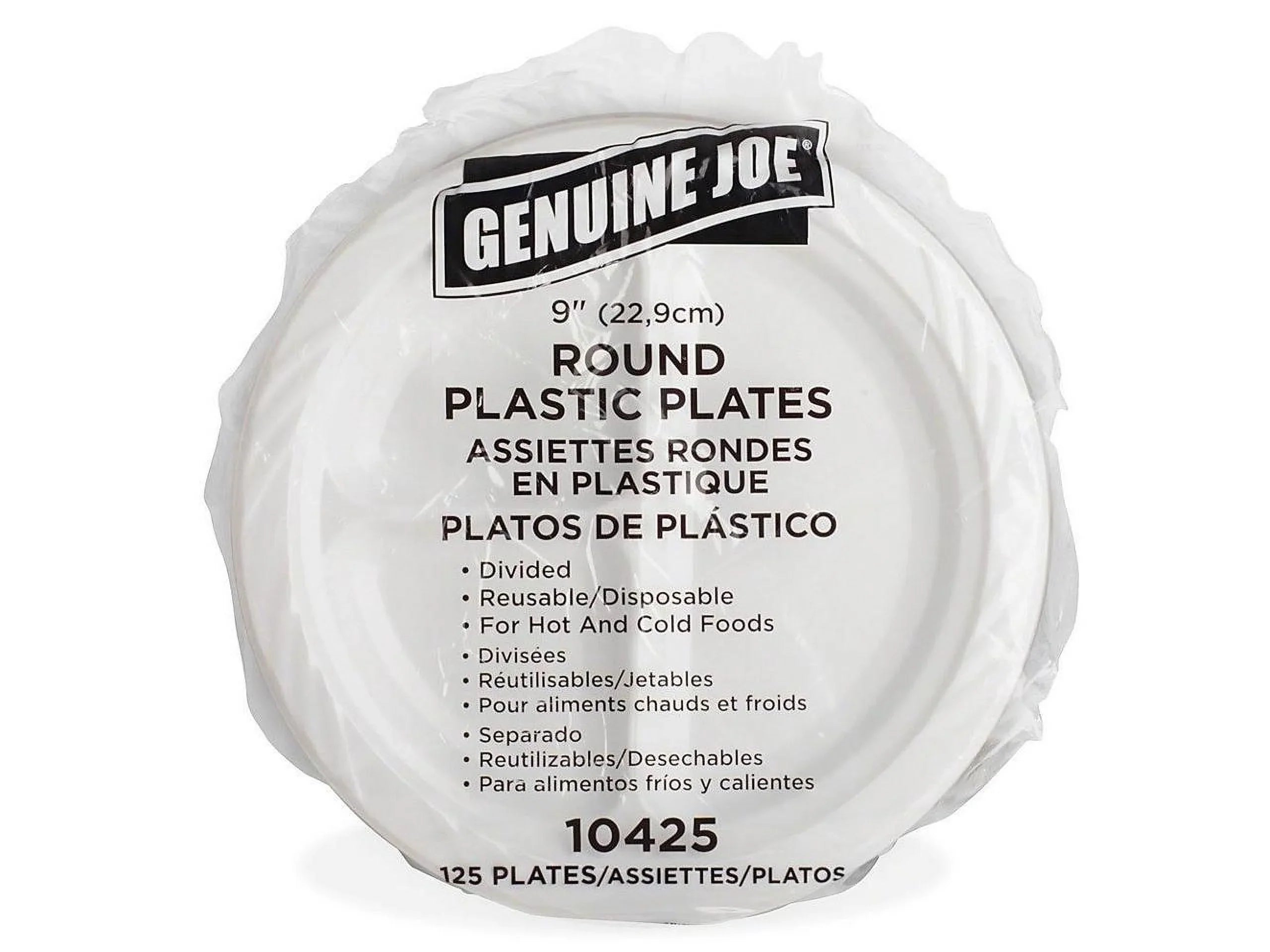 Genuine Joe 3-section Round Plastic Plates, 9", 125 Pack, GJO10425 - Exclusive Design