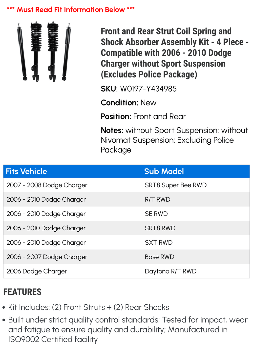 Front and Rear Strut Coil Spring and Shock Absorber Assembly Kit - 4 Piece - Compatible with 2006 - 2010 Dodge Charger without Sport Suspension (Excludes Police Package) 2007 2008 2009