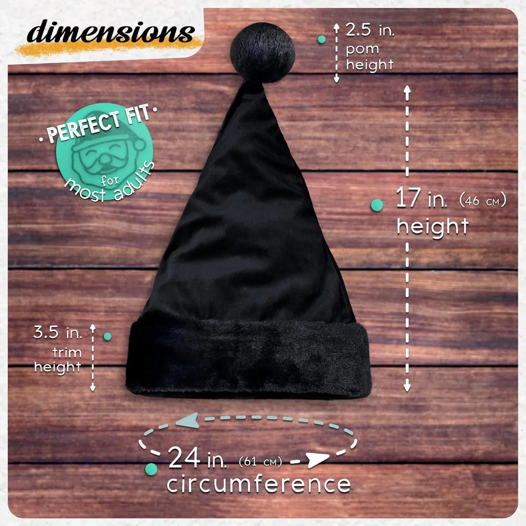 Stylish All Black Santa Hat - Faux Fur Black Trim - Gothic Xmas Accessory, Goth Christmas Hat - Adult, 1 Size