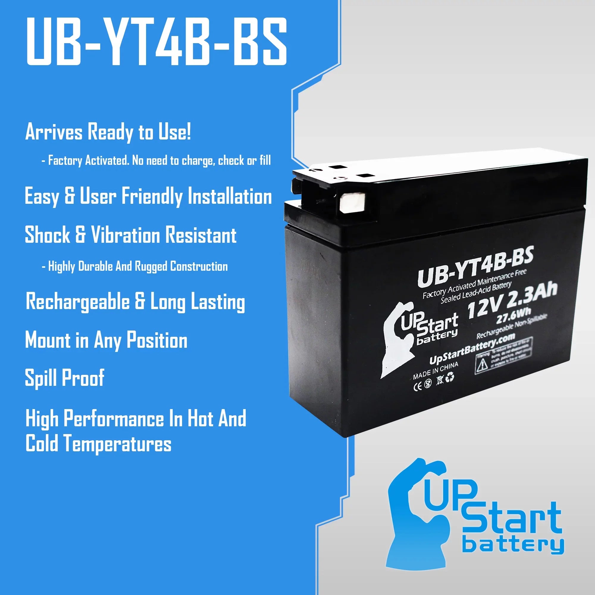 2-Pack UpStart Battery Replacement 2012 Yamaha SR400 (FI) 400CC Factory Activated, Maintenance Free, Motorcycle Battery - 12V, 2.3Ah, UB-YT4B-BS - Exclusive Design