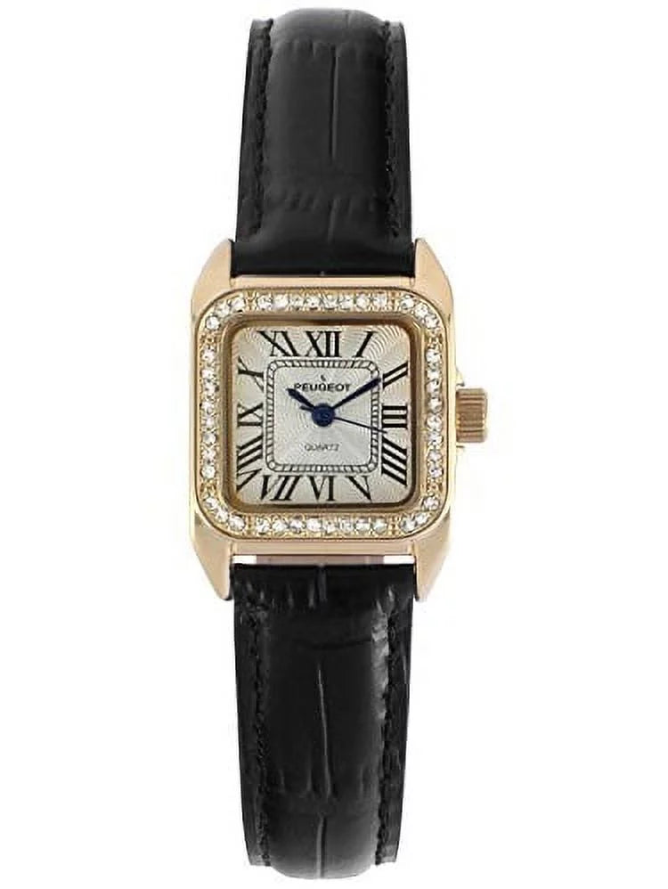 peugeot womens 14k gold plated square tank petite small black leather band luxury dress watch 3052bk - Exclusive Design