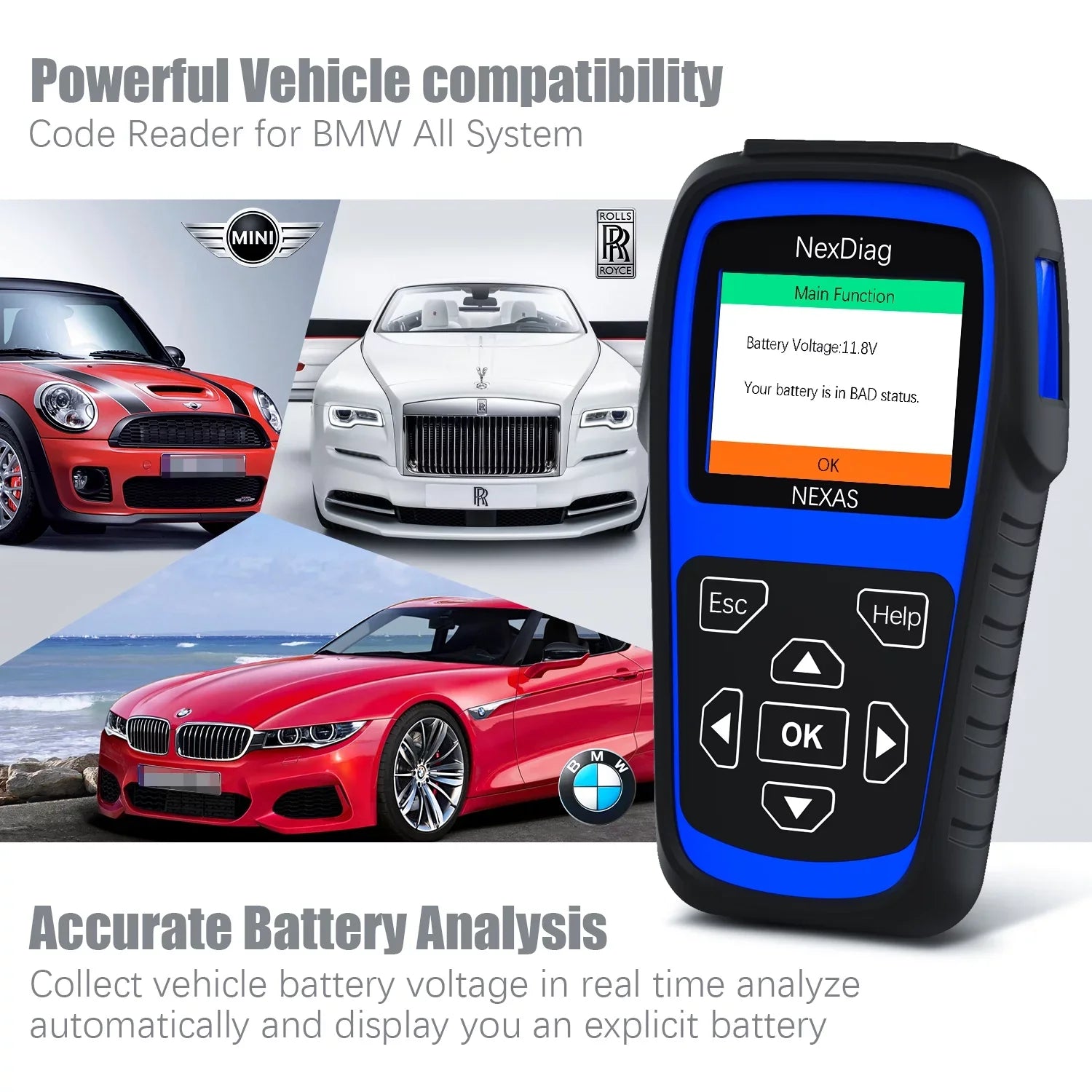 Stylish NEXAS ND601 OBD2 Scanner Fits for BMW & MINI Multi-System Diagnostic Scanner Automotive Diagnostic Maintenance Tool DPF Regen BMS Reset Check Engine Code Reader for Vehicles after 1996