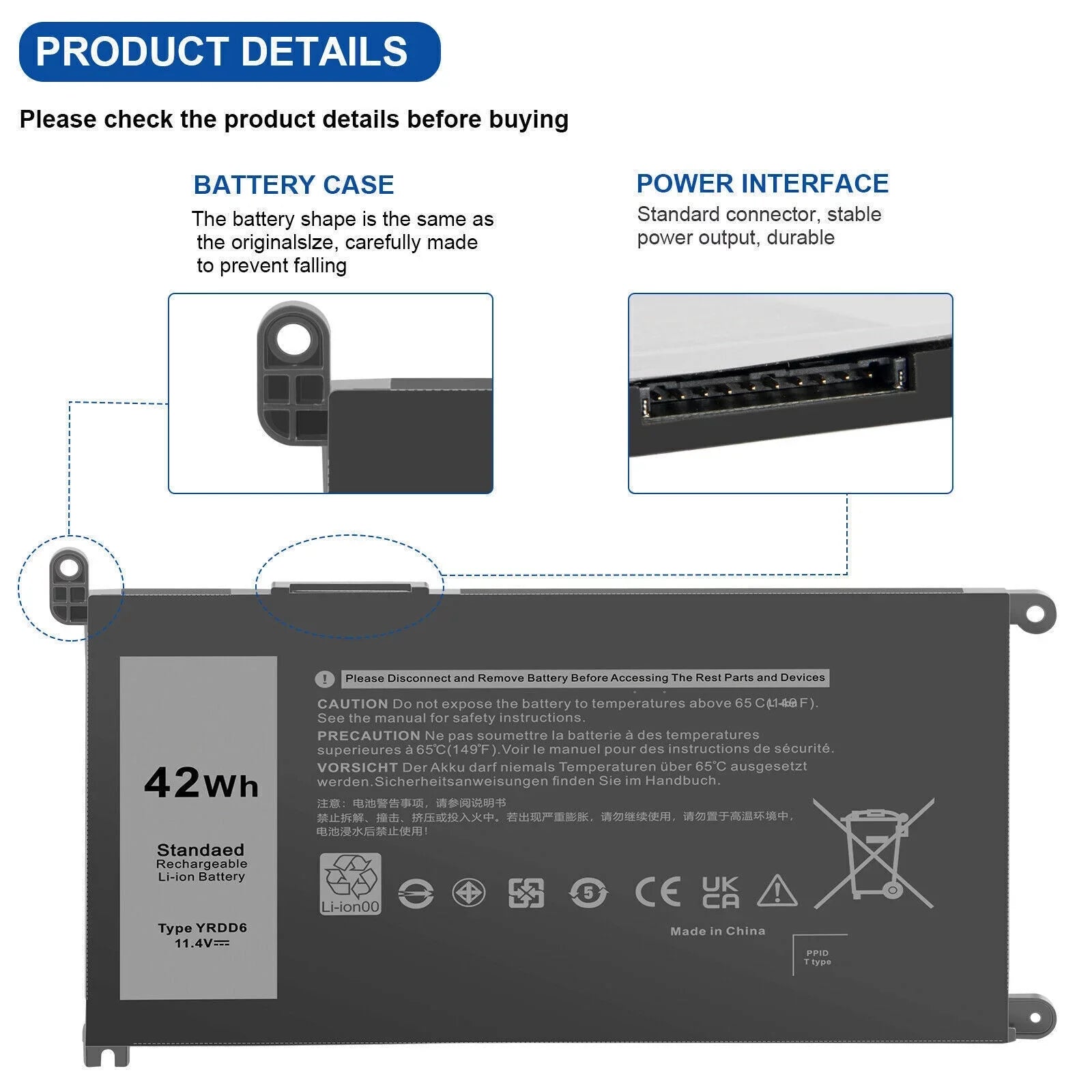 YRDD6 0YRDD6 Battery for Inspiron 3582 3593 3793 5493 5584 5593 5480 5590 5594 - Exclusive Design
