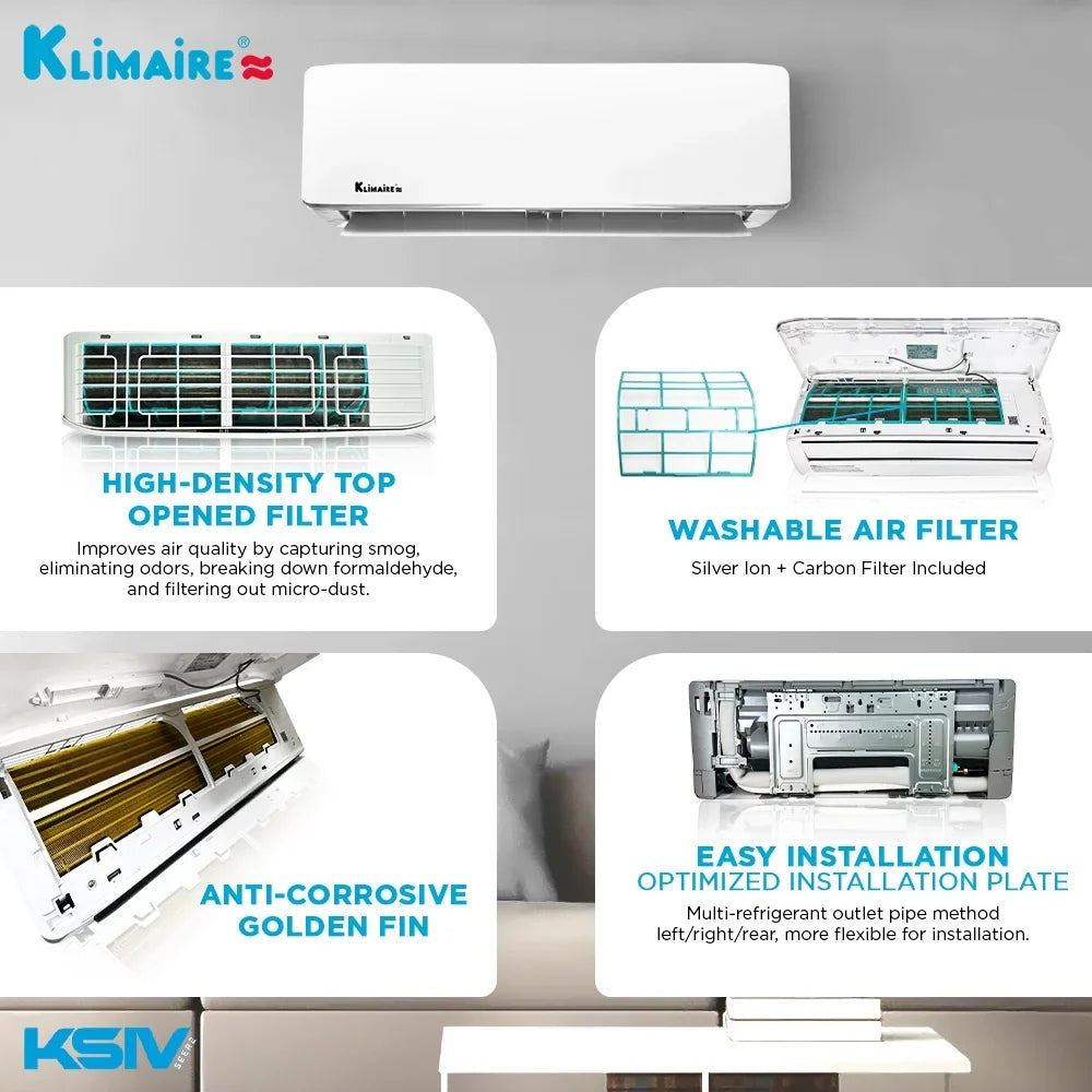 Klimaire 9,000 Btu 21.5 SEER2 Ductless Mini-Split Heat Pump Air Conditioner up to 400 sq. ft. - Exclusive Design