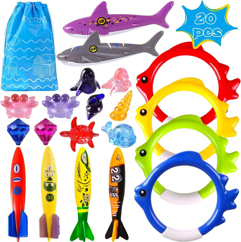 Playoza Summer Pool Diving Swimming Toys for Kids,Fun Swim Games Set, Underwater Dive Gifts with Storage Bag,20 Pack Swimming Pool Toys Swim Learning & Diving Skill Development for Boys Girls - Exclusive Design
