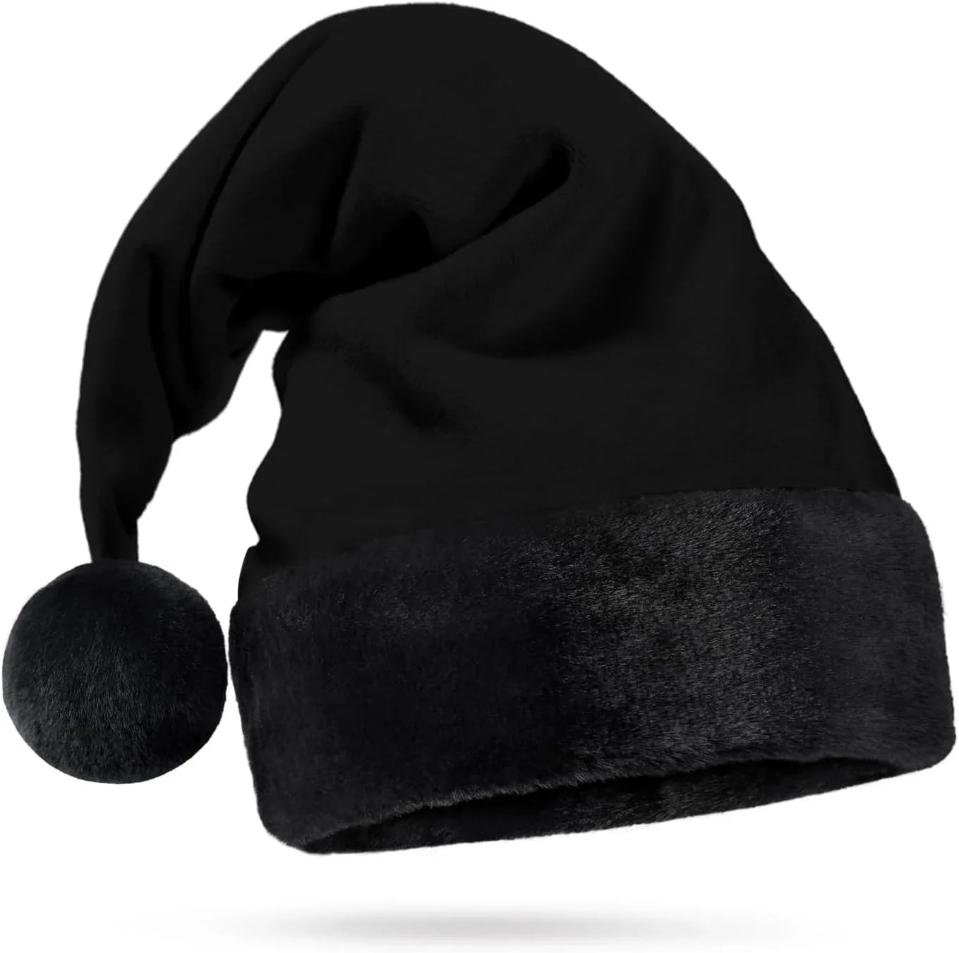 Stylish All Black Santa Hat - Faux Fur Black Trim - Gothic Xmas Accessory, Goth Christmas Hat - Adult, 1 Size