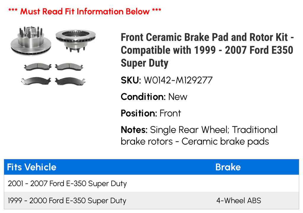 Front Ceramic Brake Pad and Rotor Kit - Compatible with 1999 - 2007 Ford E350 Super Duty 2000 2001 2002 2003 2004 2005 2006 - Exclusive Design