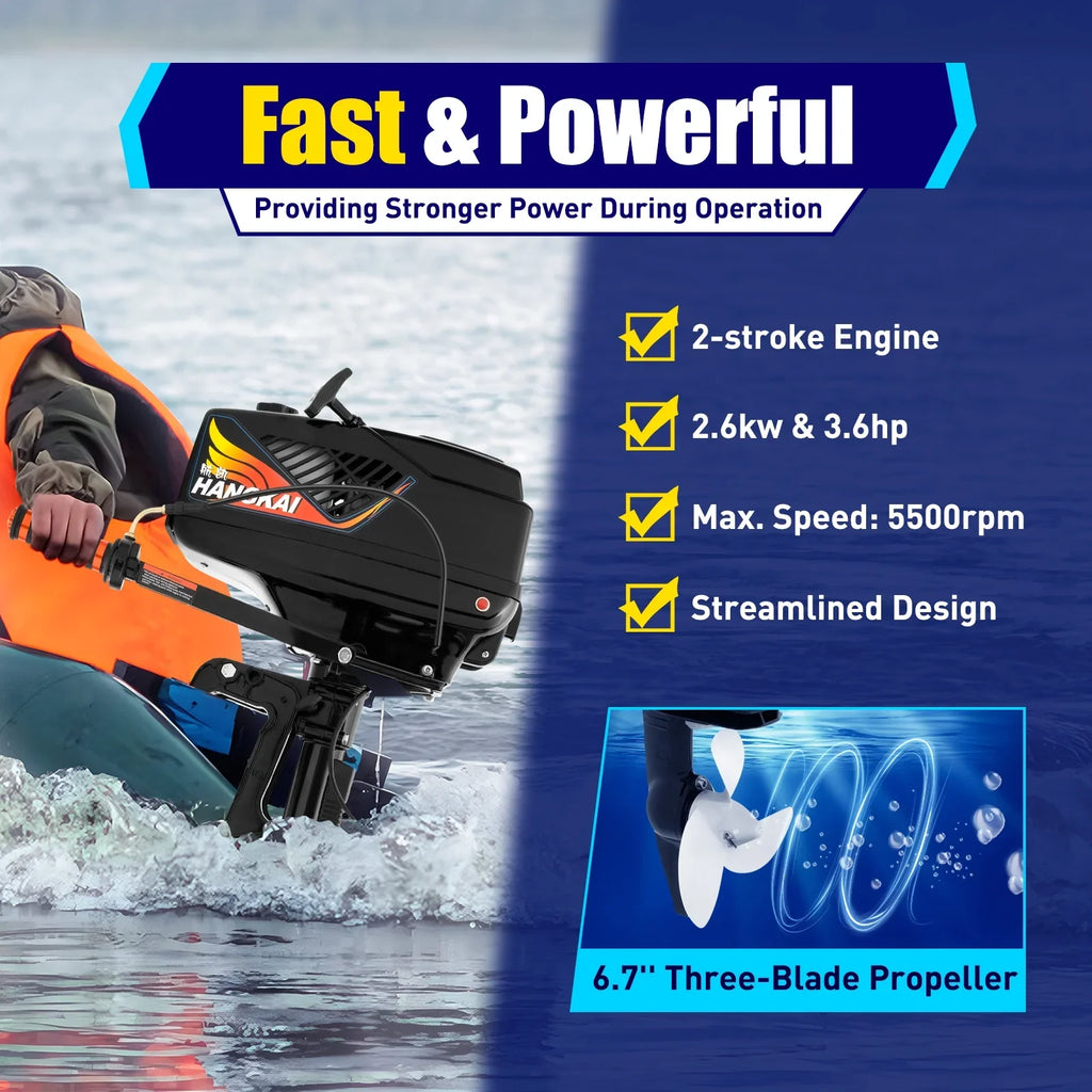 Stylish 2 Stroke 3.6 Gasoline Outboard Motor, 55cc Fishing Boat Engine with Water Cooling System Clutch Control Black