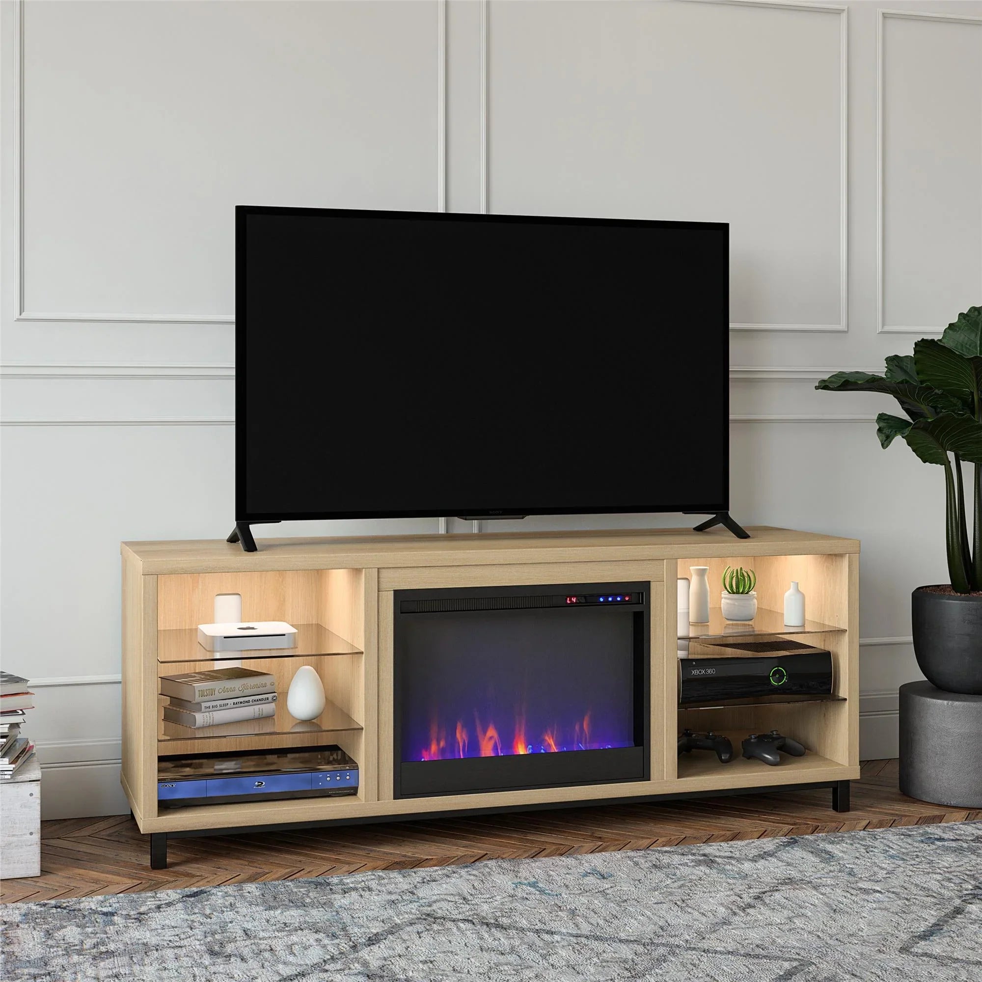 Ameriwood Home Lumina Deluxe Fireplace TV Stand for TVs up to 70" in Blonde Oak - Exclusive Design