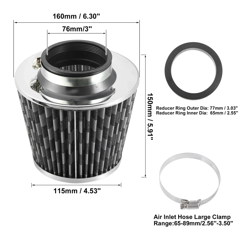 1pcs 2.5" 65mm Reducer Ring Inlet Cold Air Intake Cone Replacement Washable Clamp on Dry Air Filter Carbon Fiber Pattern - Exclusive Design