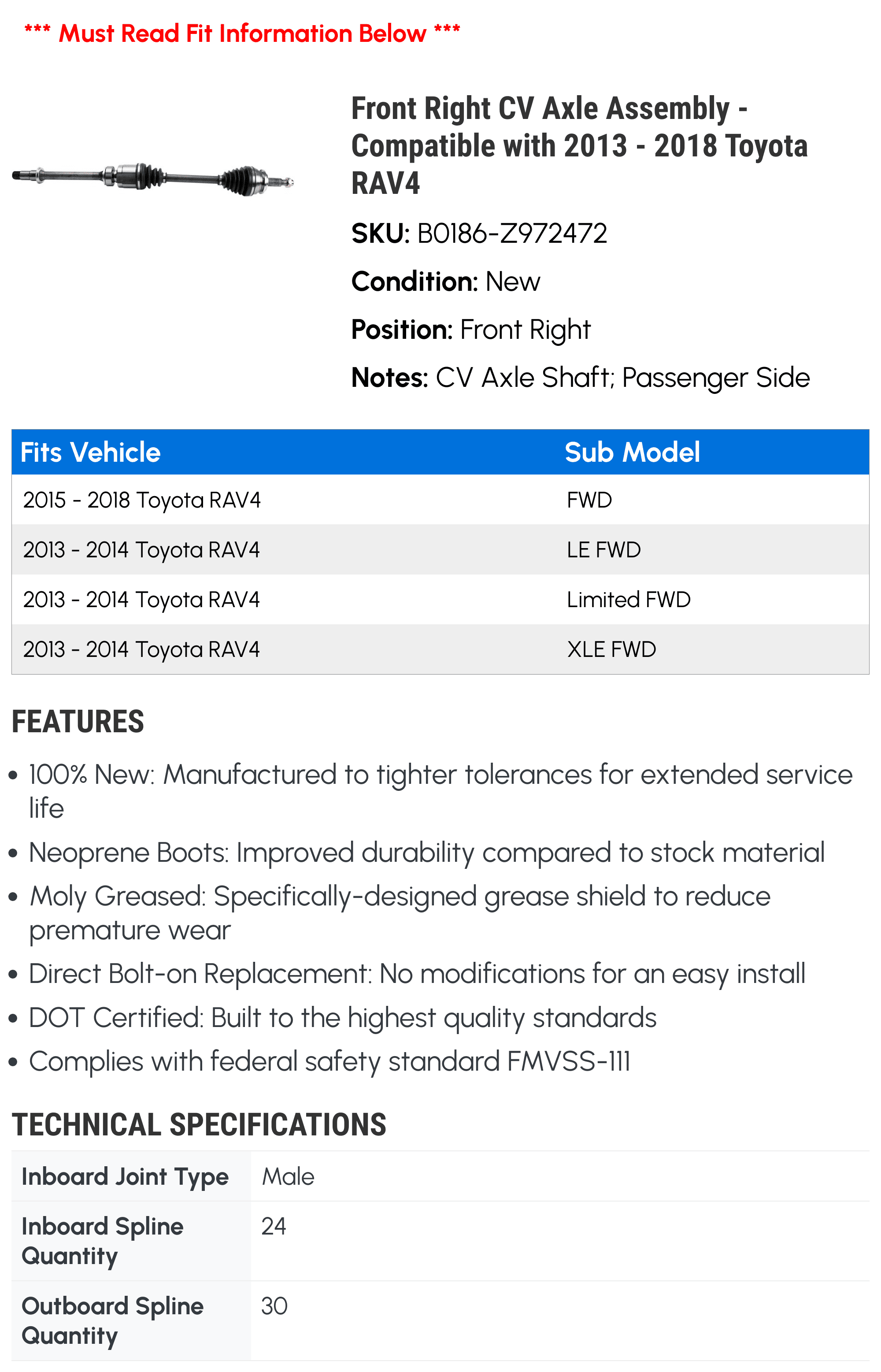 Stylish Front Right CV Axle Assembly - Compatible with 2013 - 2018 Toyota RAV4 2014 2015 2016 2017