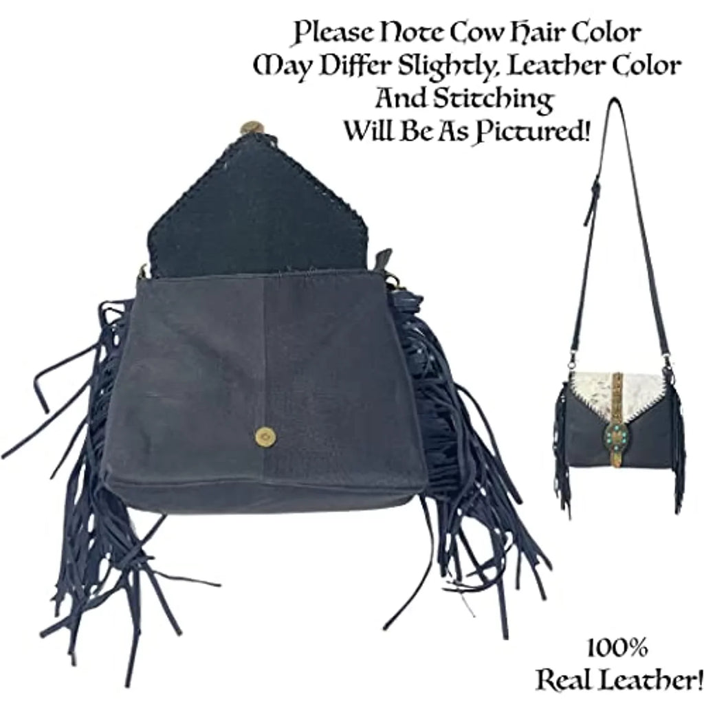 Stylish Urbalabs Western Crossbody Fringe Buckle Cowhair Leather Messenger Teal Stone Tooled Tote Bag Hand Stitched Purses (Blue)