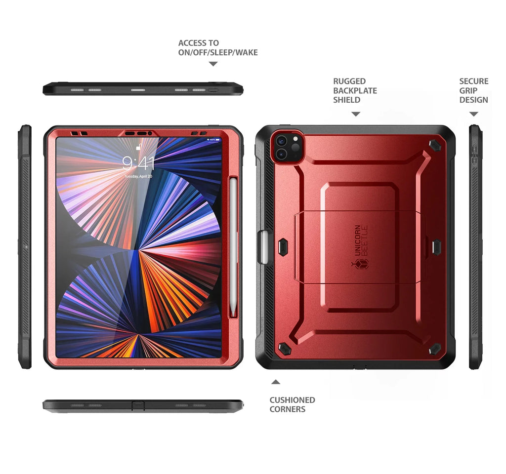 Stylish SUPCASE Unicorn Beetle Pro Series Case for iPad Pro 12.9 Inch (2021 / 2020), Support Apple Pencil Charging with Built-in Screen Protector Full-Body Rugged Kickstand Protective Case (Ruddy)