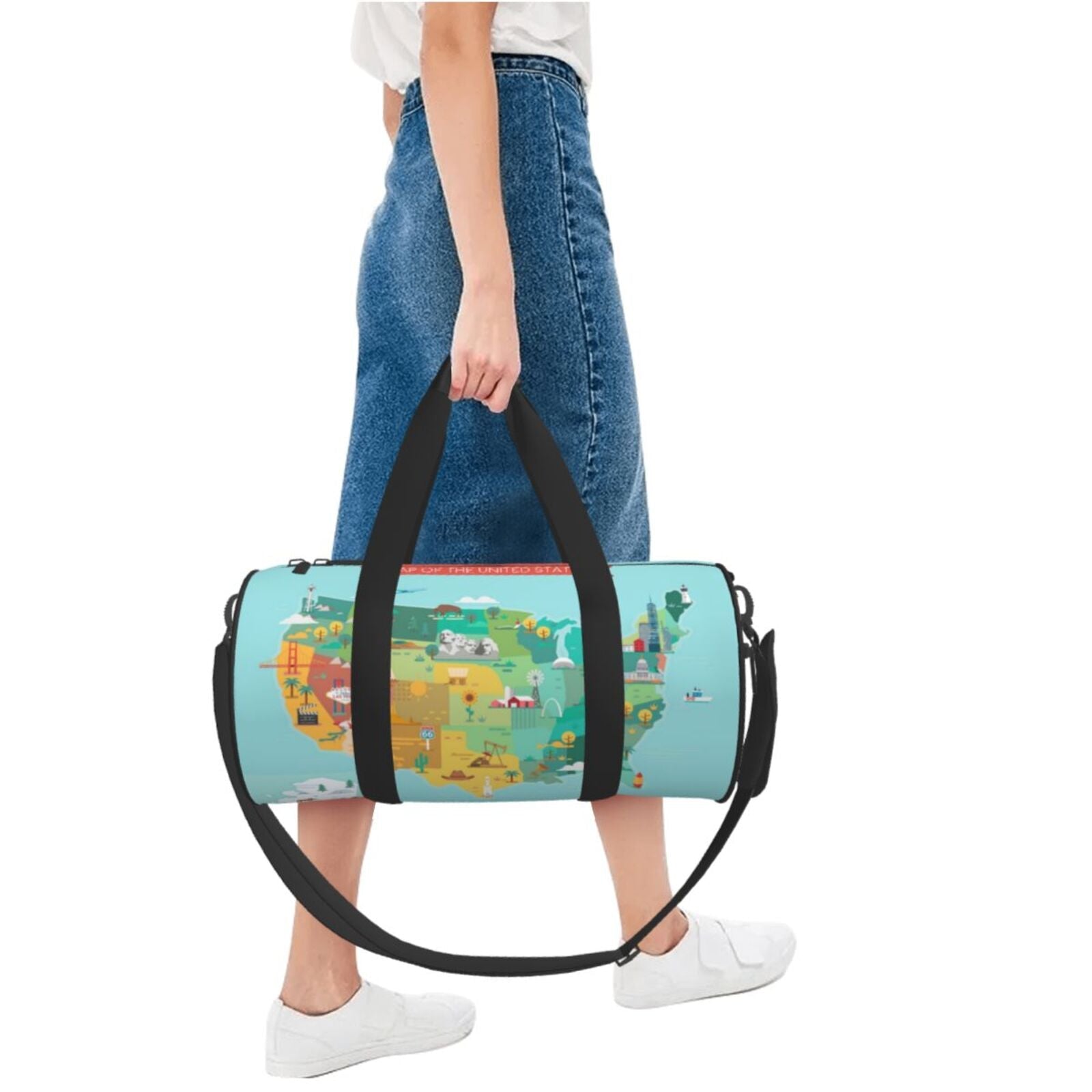 Stylish Coaee USA Tourist Map Large Capacity Travel Luggage Bag Cylinder Gym Bag Waterproof Sports Bag with Pocket and Compartment