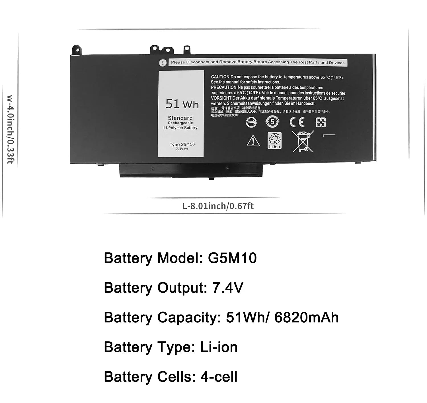 51WH Battery for E5250 E5450 E5550 3150 3160 3550 5550 5450 5250 Series Laptop Notebook G5M10 08V5GX 8V5GX WYJC2 0WYJC2 R9XM9 TXF9M VMKXM 5XFWC PF59Y 1KY05 451-BBLN 451-BBLL 451-BBLK - Exclusive Design