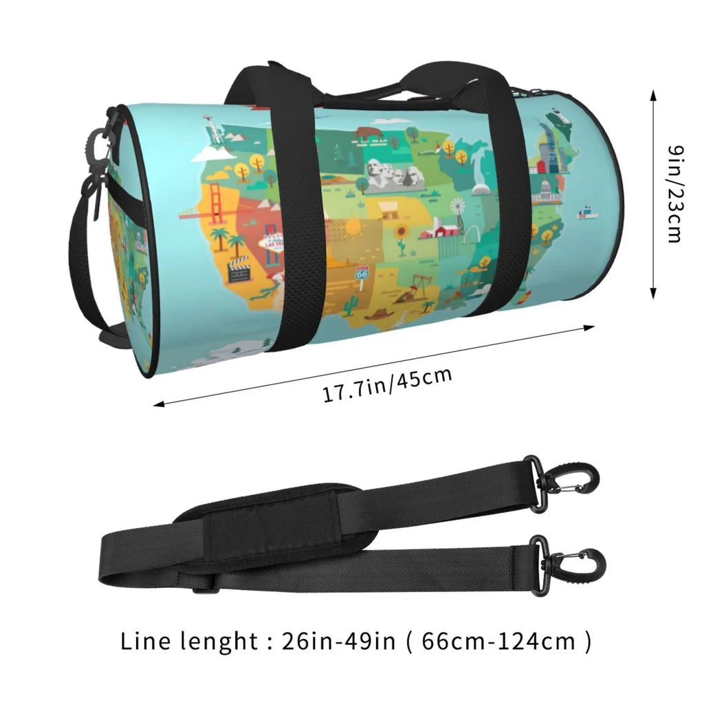 Stylish Coaee USA Tourist Map Large Capacity Travel Luggage Bag Cylinder Gym Bag Waterproof Sports Bag with Pocket and Compartment
