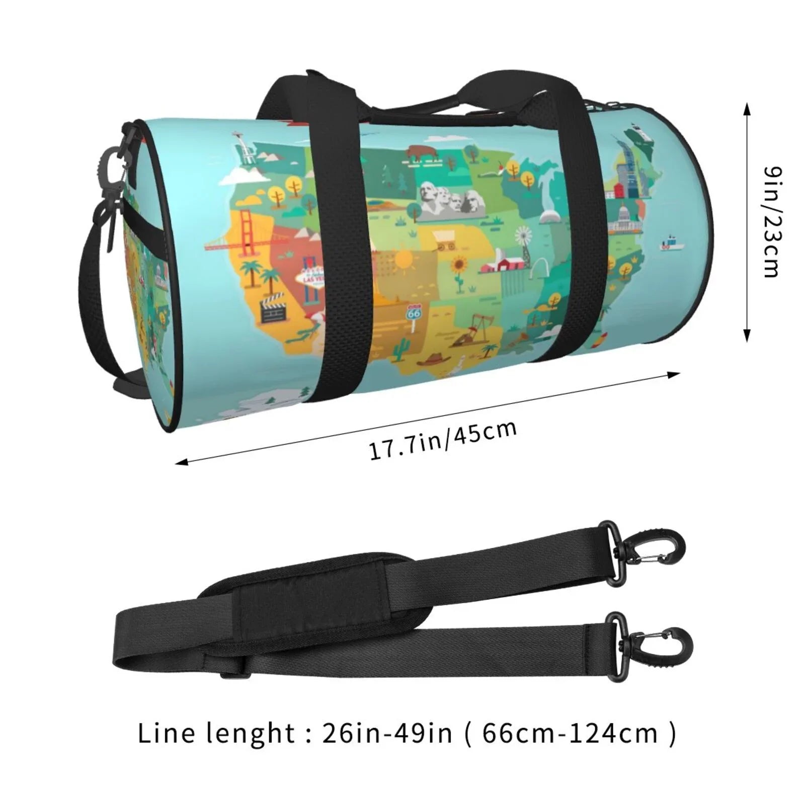 Stylish Coaee USA Tourist Map Large Capacity Travel Luggage Bag Cylinder Gym Bag Waterproof Sports Bag with Pocket and Compartment