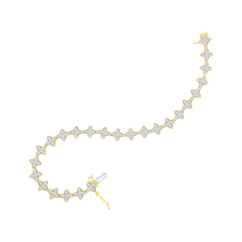 Stylish 10K Yellow Gold 2.0 cttw Round-Cut Diamond 4 Leaf Clover Link Bracelet (J-K Color, I1-I2 Clarity) - 7.25"