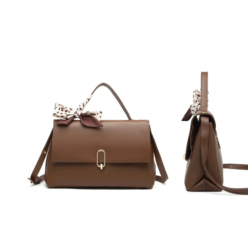 Brown crossbody bags women handbags ladies hand bags square bag Women's Silk Scarf Handle PU Leather Flap Shoulder Bag
