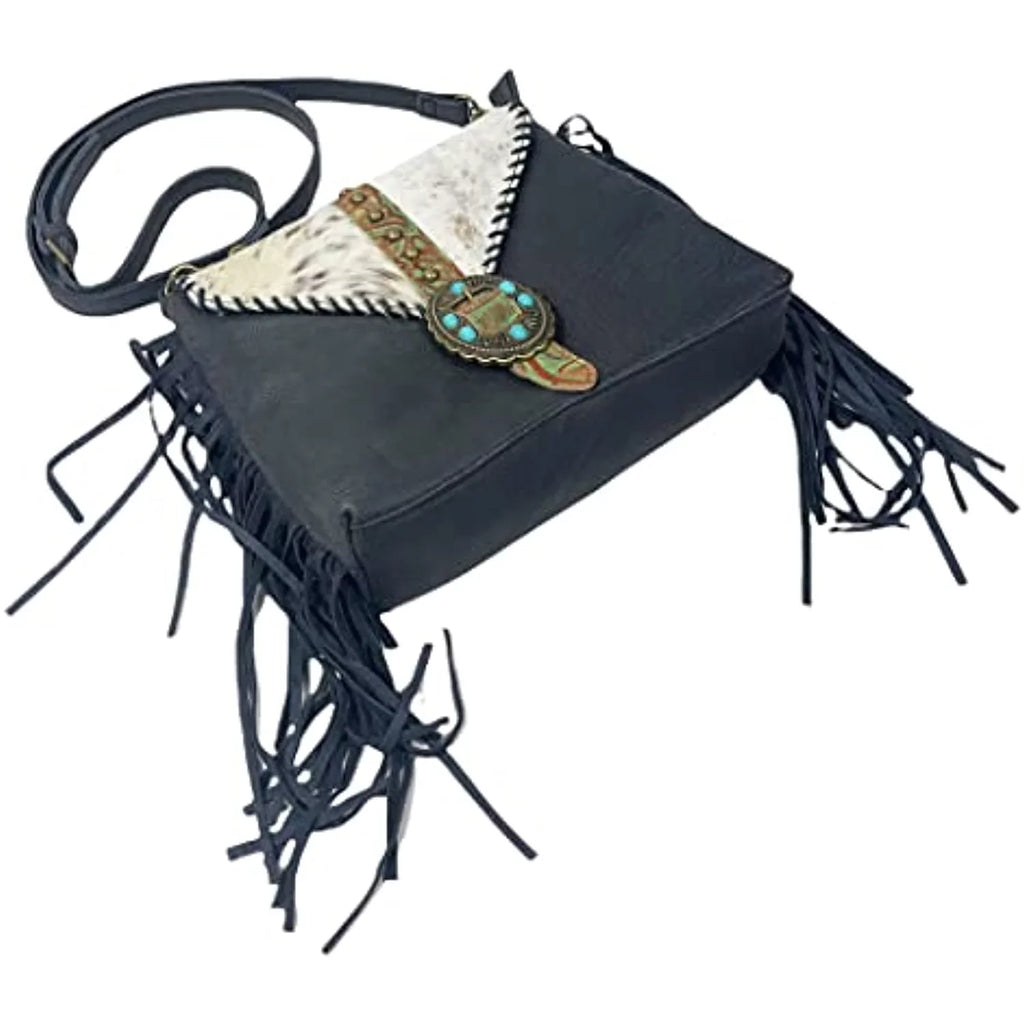 Stylish Urbalabs Western Crossbody Fringe Buckle Cowhair Leather Messenger Teal Stone Tooled Tote Bag Hand Stitched Purses (Blue)