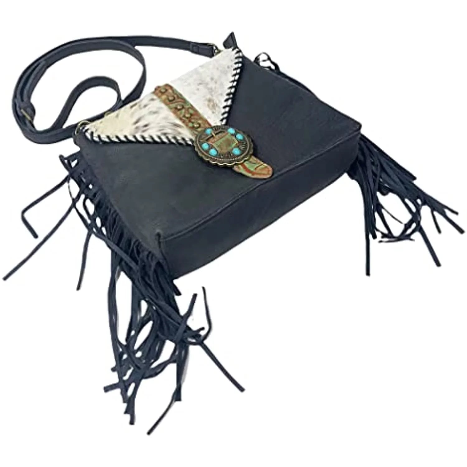 Stylish Urbalabs Western Crossbody Fringe Buckle Cowhair Leather Messenger Teal Stone Tooled Tote Bag Hand Stitched Purses (Blue)