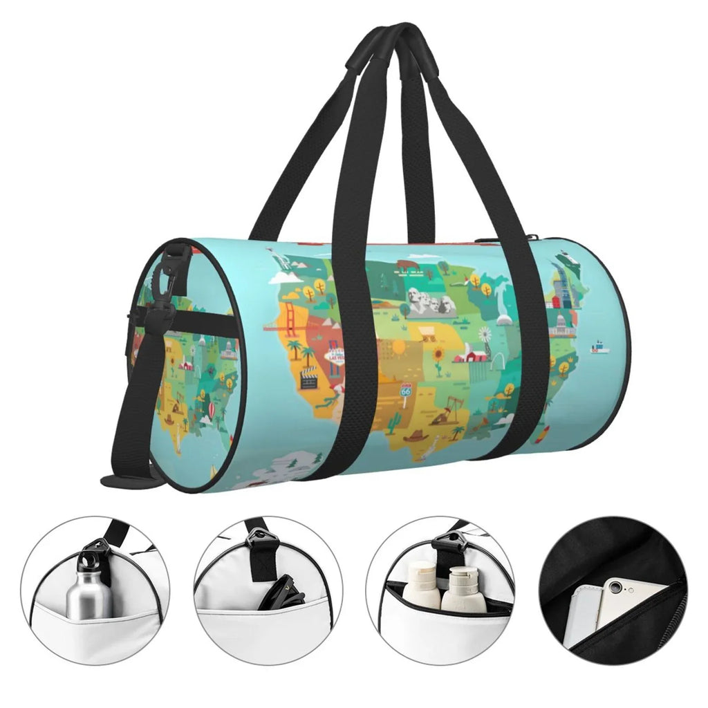 Stylish Coaee USA Tourist Map Large Capacity Travel Luggage Bag Cylinder Gym Bag Waterproof Sports Bag with Pocket and Compartment