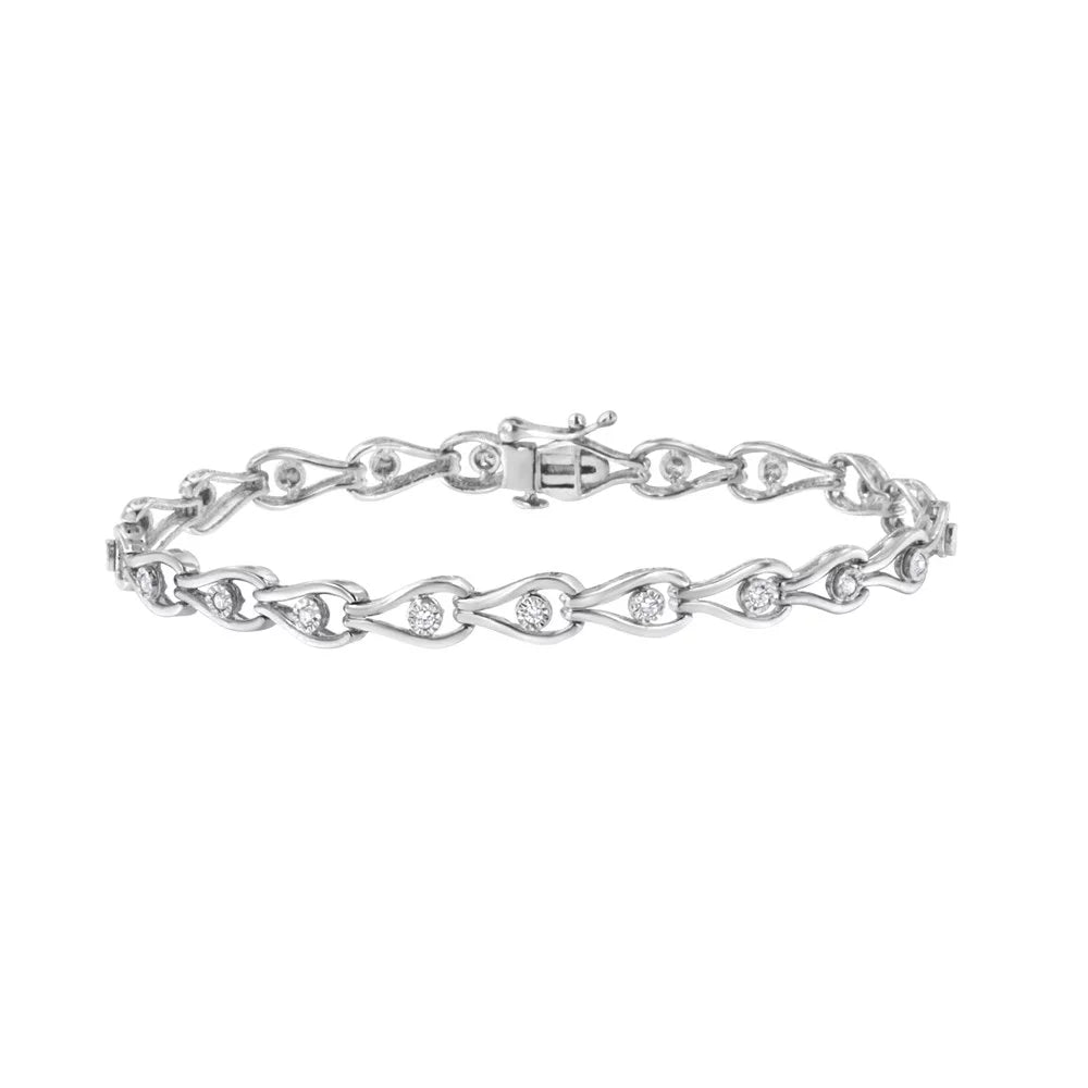 .925 Sterling Silver 1/10 Cttw Miracle-Set Diamond Pear and Bezel Link Bracelet (I-J Color, I3 Clarity) - 7.25" - Exclusive Design