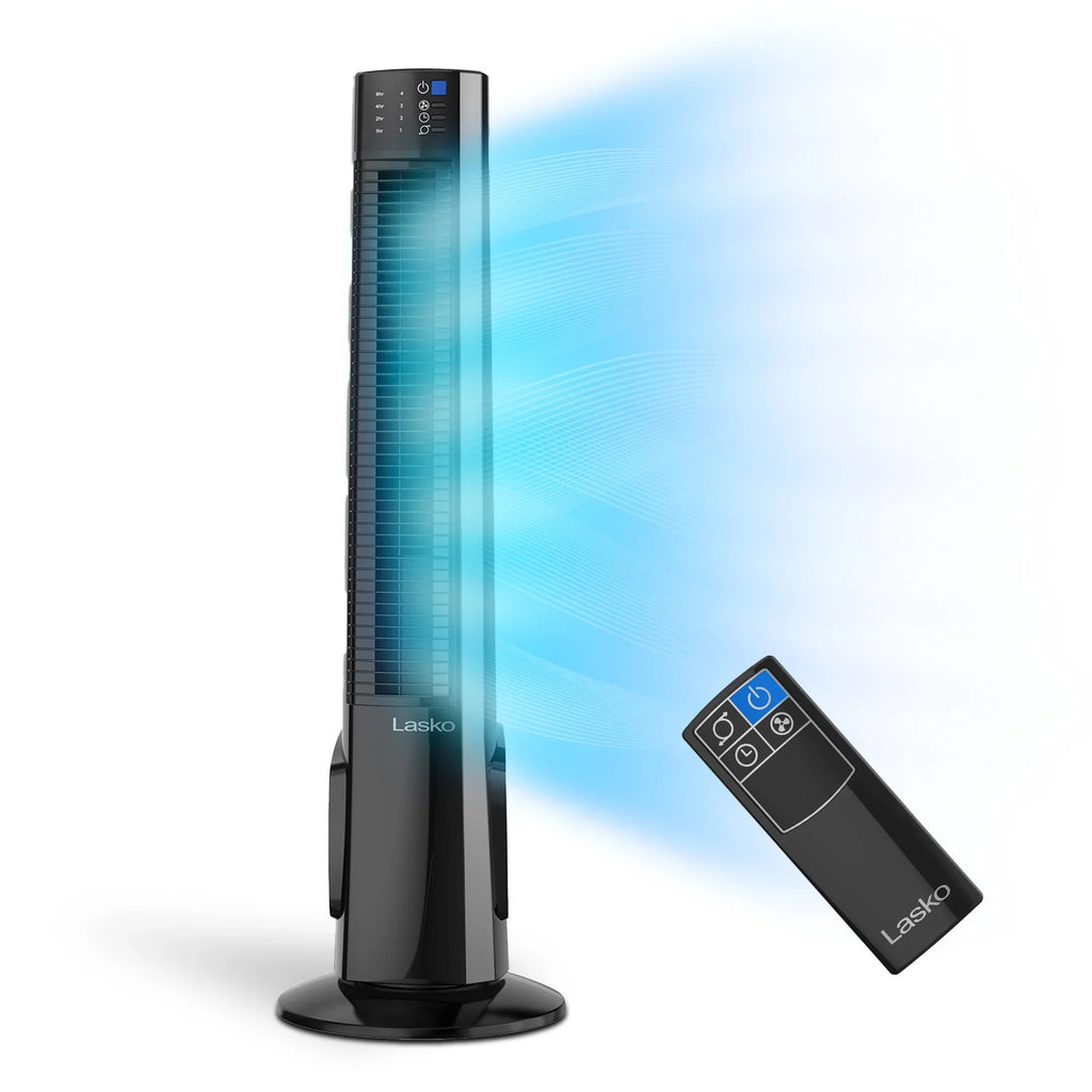 Stylish Lasko 38" 4-Speed Hybrid Tower Fan with Timer, Remote Control, Black/Silver, T38415, New