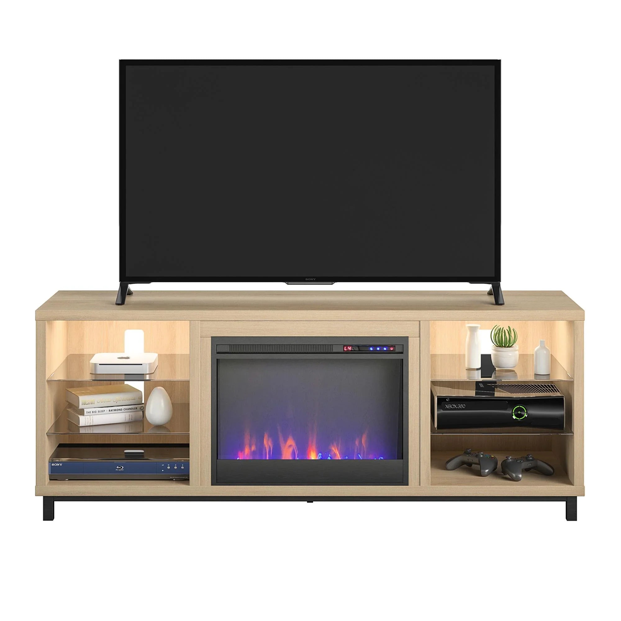 Ameriwood Home Lumina Deluxe Fireplace TV Stand for TVs up to 70" in Blonde Oak - Exclusive Design