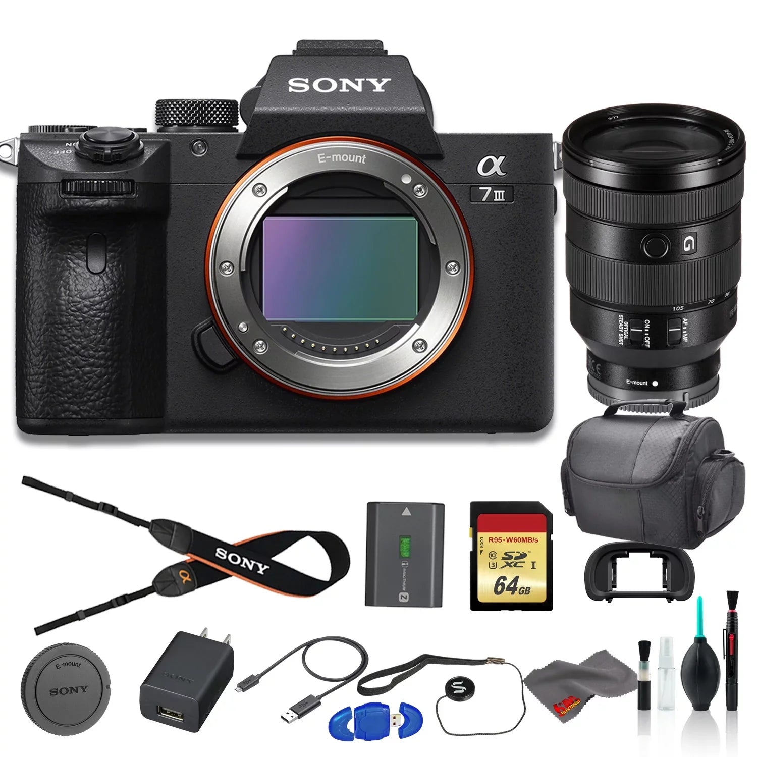 Stylish Sony Alpha a7 III Mirrorless Digital Camera Bundle - With Sony FE 24-105mm f/4 Lens, Bag, 64GB Memory Card, Memory Card Reader and More