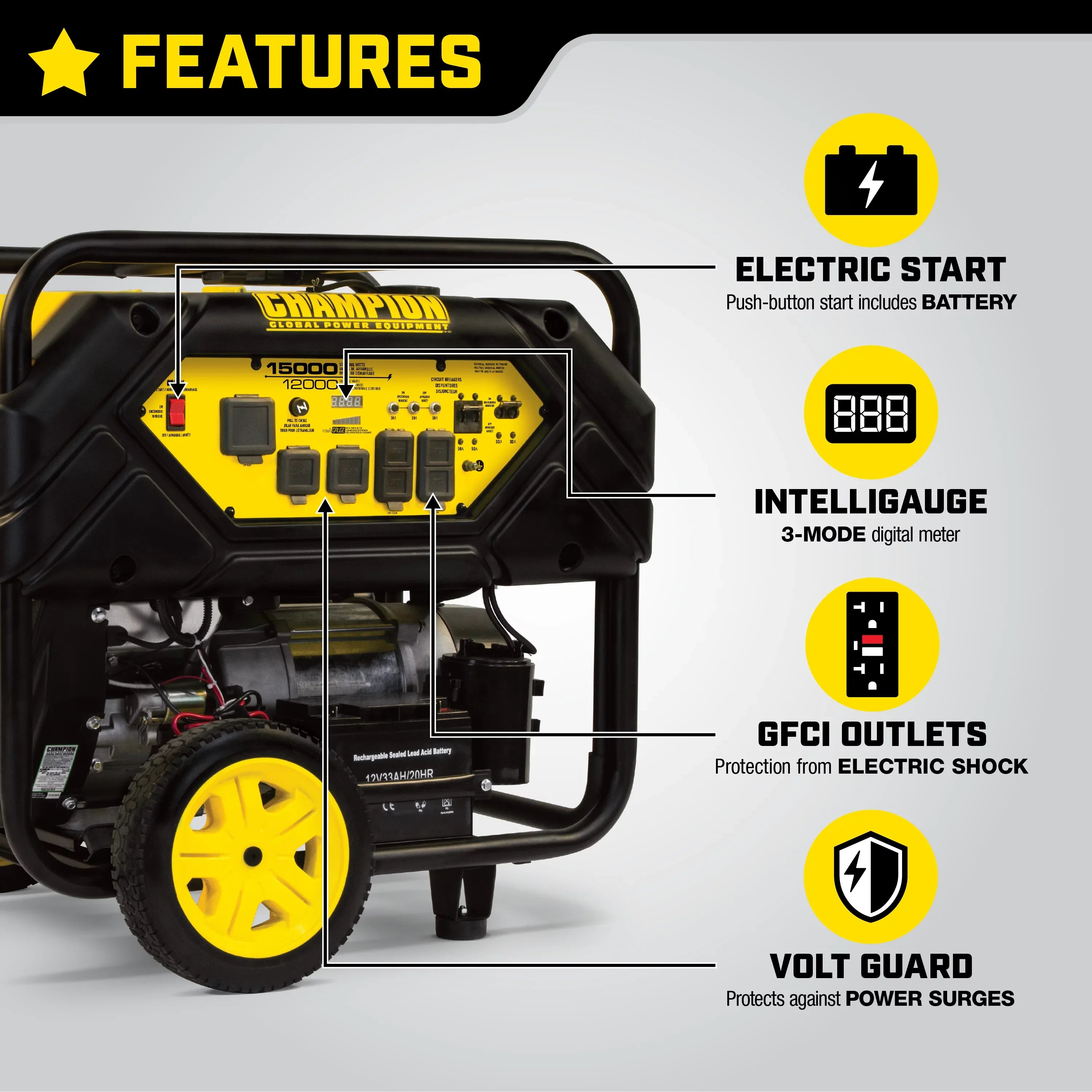 Champion Power Equipment 15,000/12,000 Watts Portable Generator with Electric Start and Lift Hook - Exclusive Design